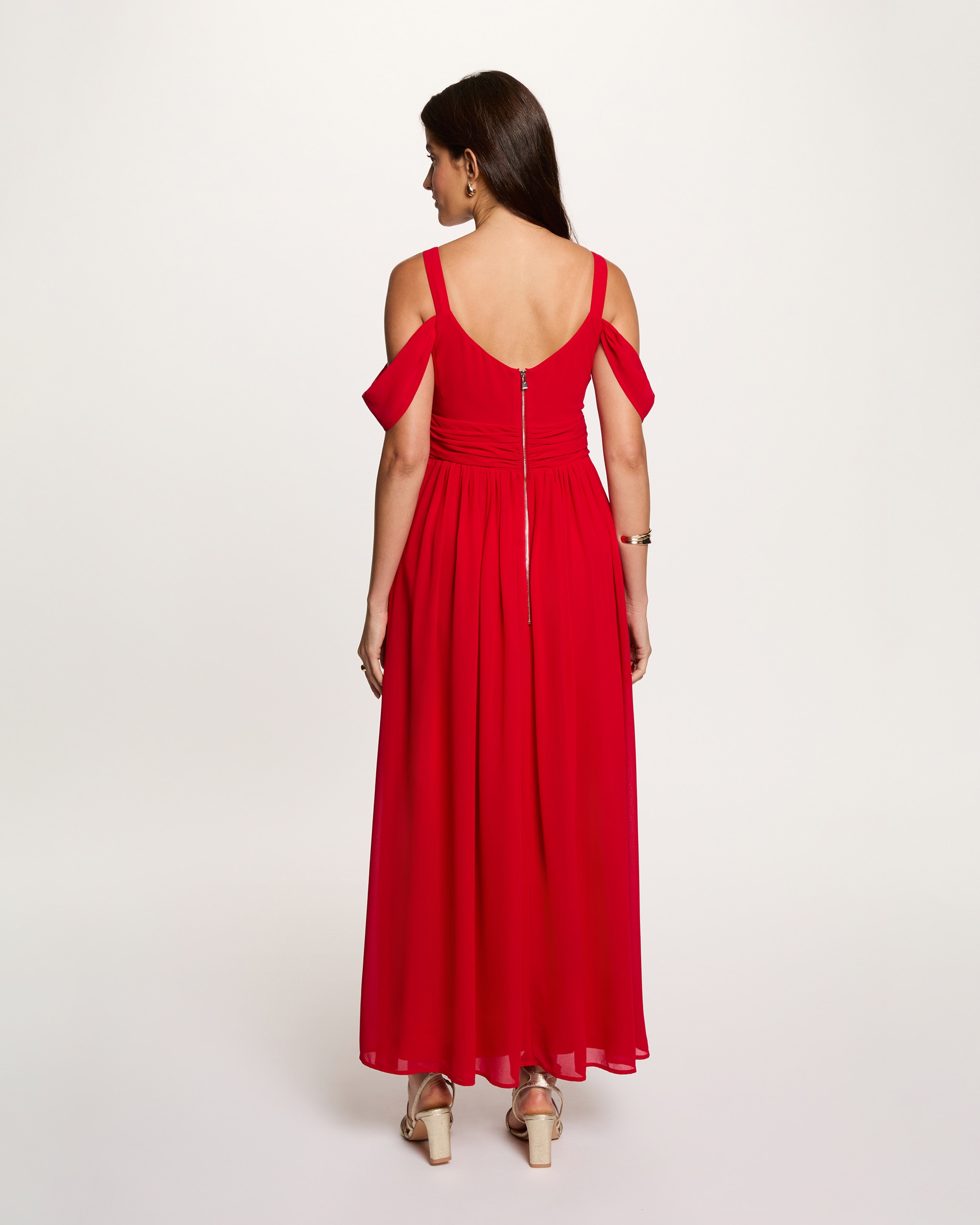 Vestido Comprido Drapeado com Charme na Alça Vermelho-3