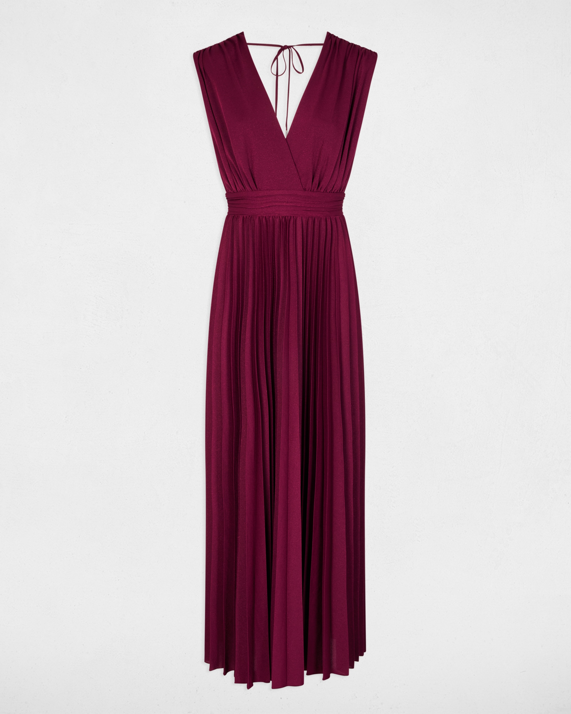 Vestido Comprido com Corte a Direito Plissado Bordeaux-2