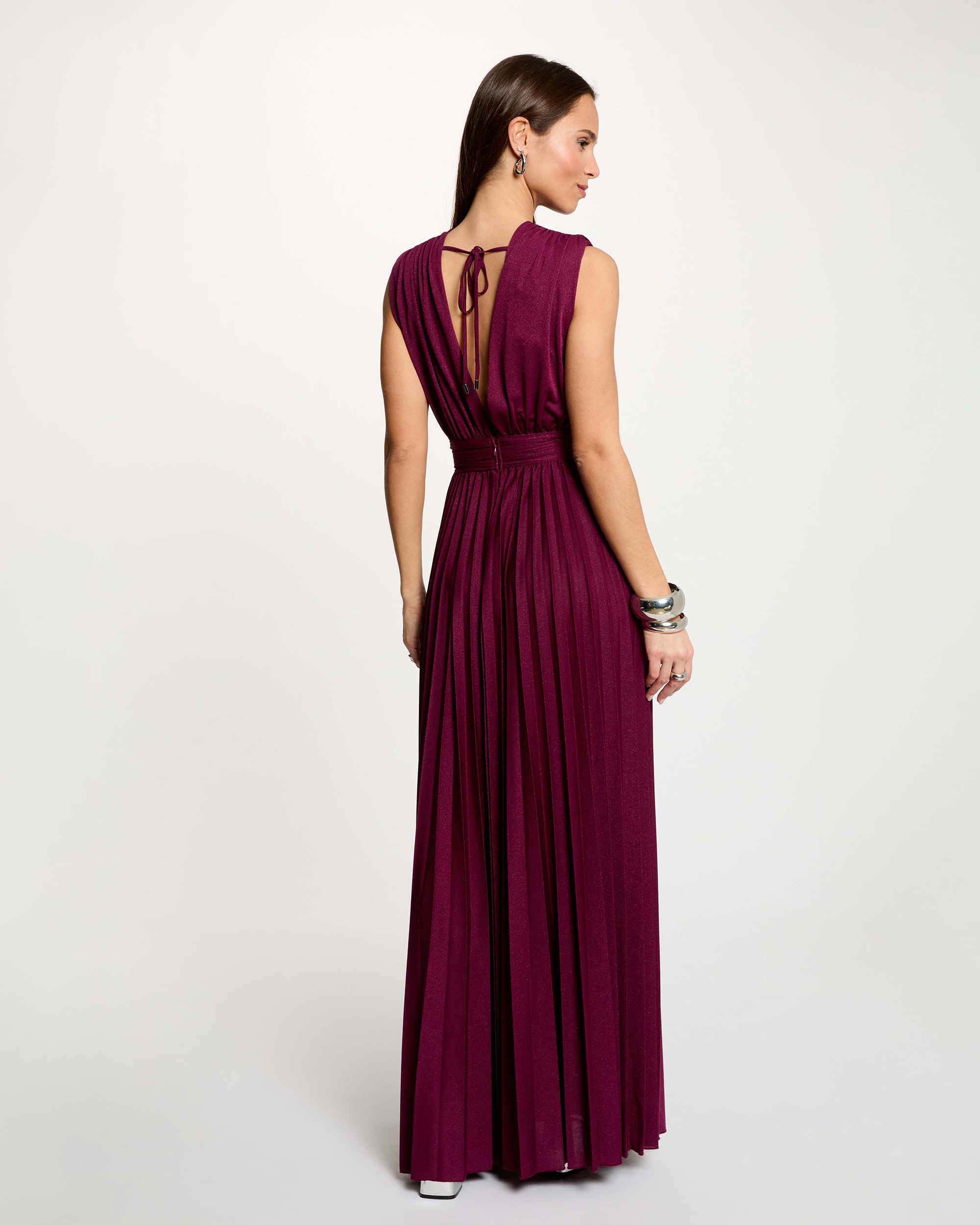 Vestido Comprido com Corte a Direito Plissado Bordeaux-3