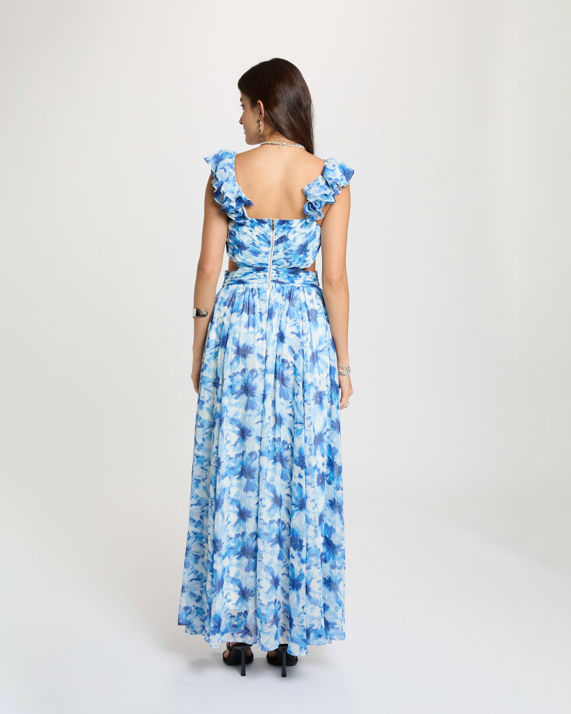 Vestido Comprido Floral À Boca de Sino Azul-escuro-3