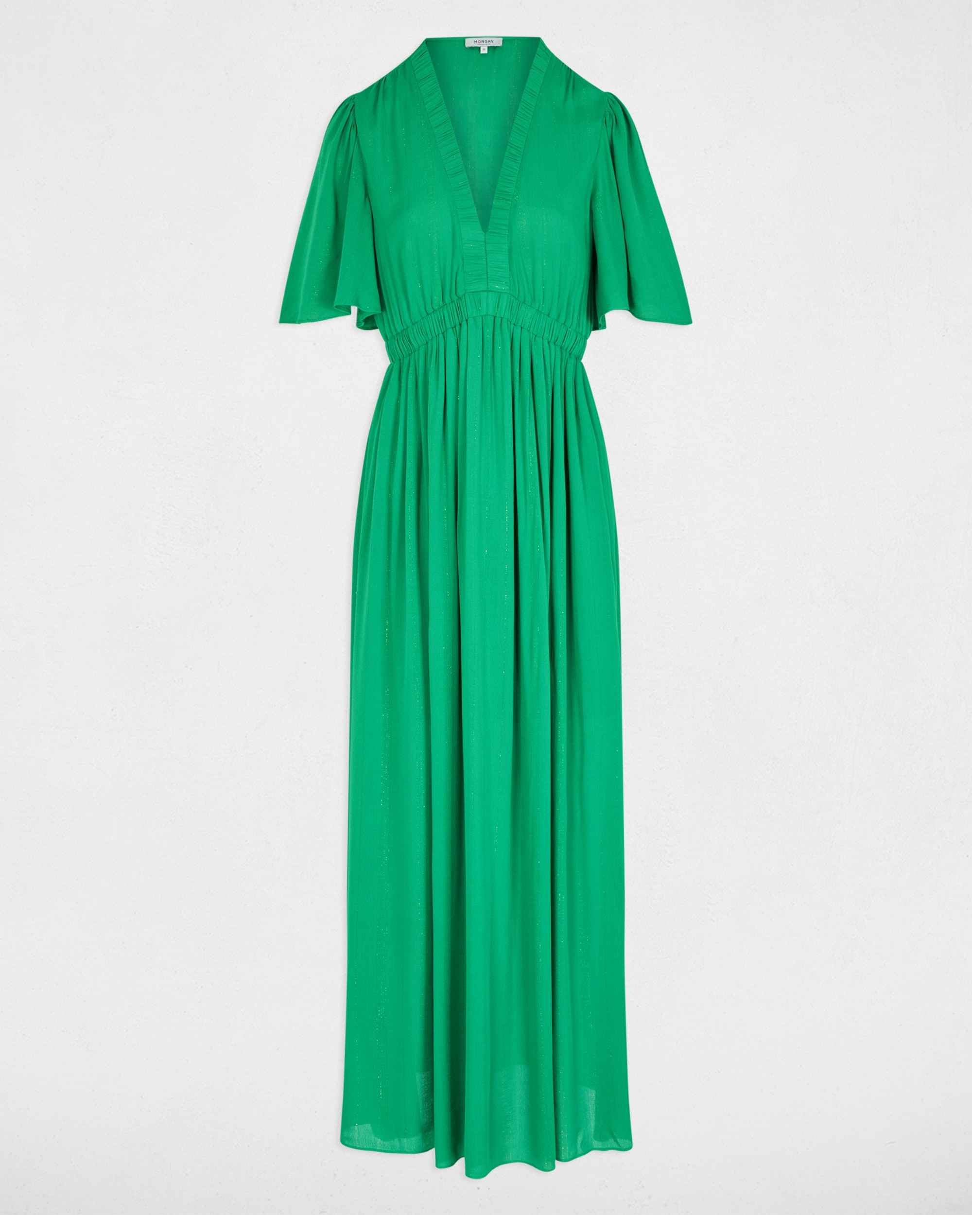 Vestido Comprido com Decote em V e Manga Curta Verde-2