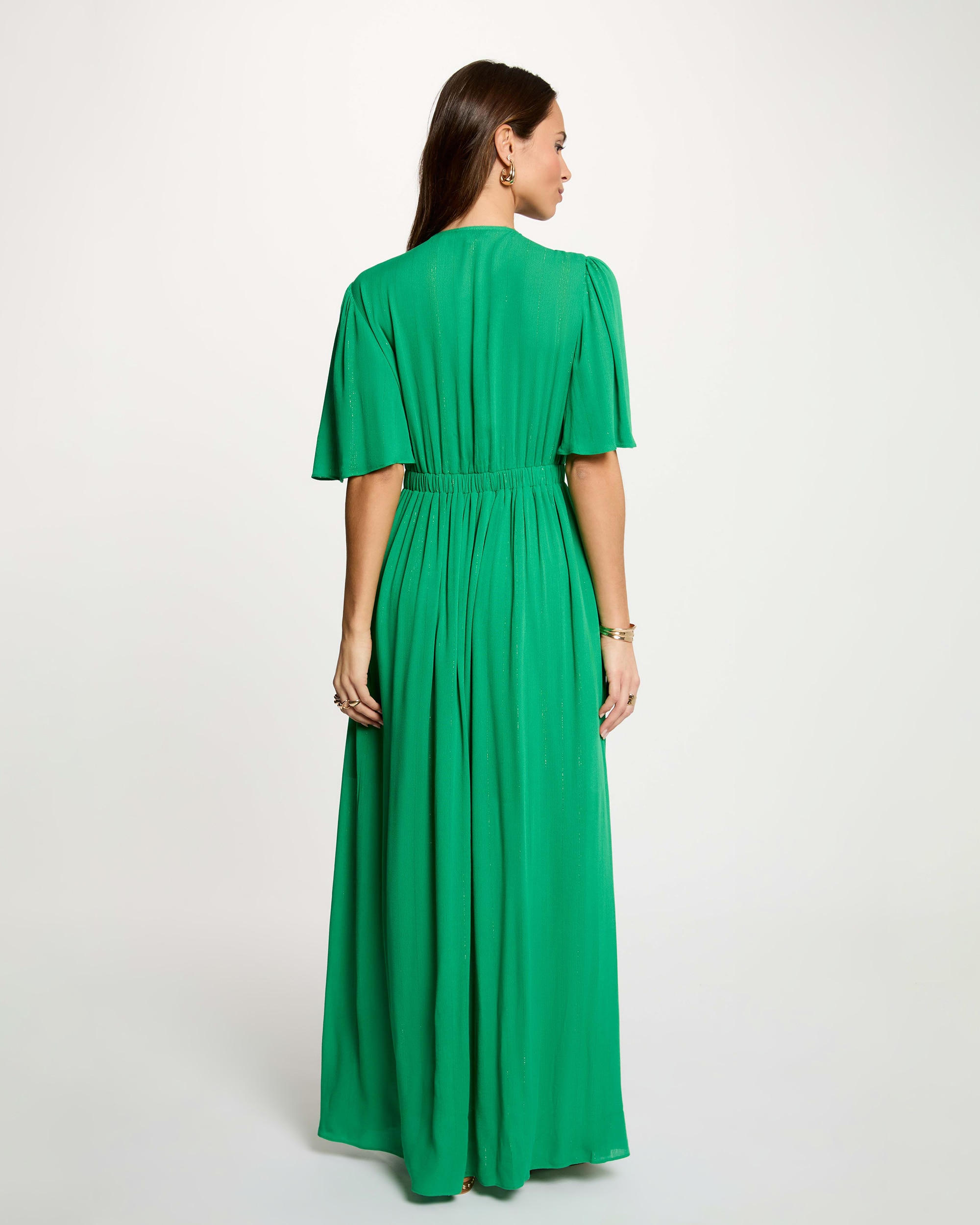 Vestido Comprido com Decote em V e Manga Curta Verde-3