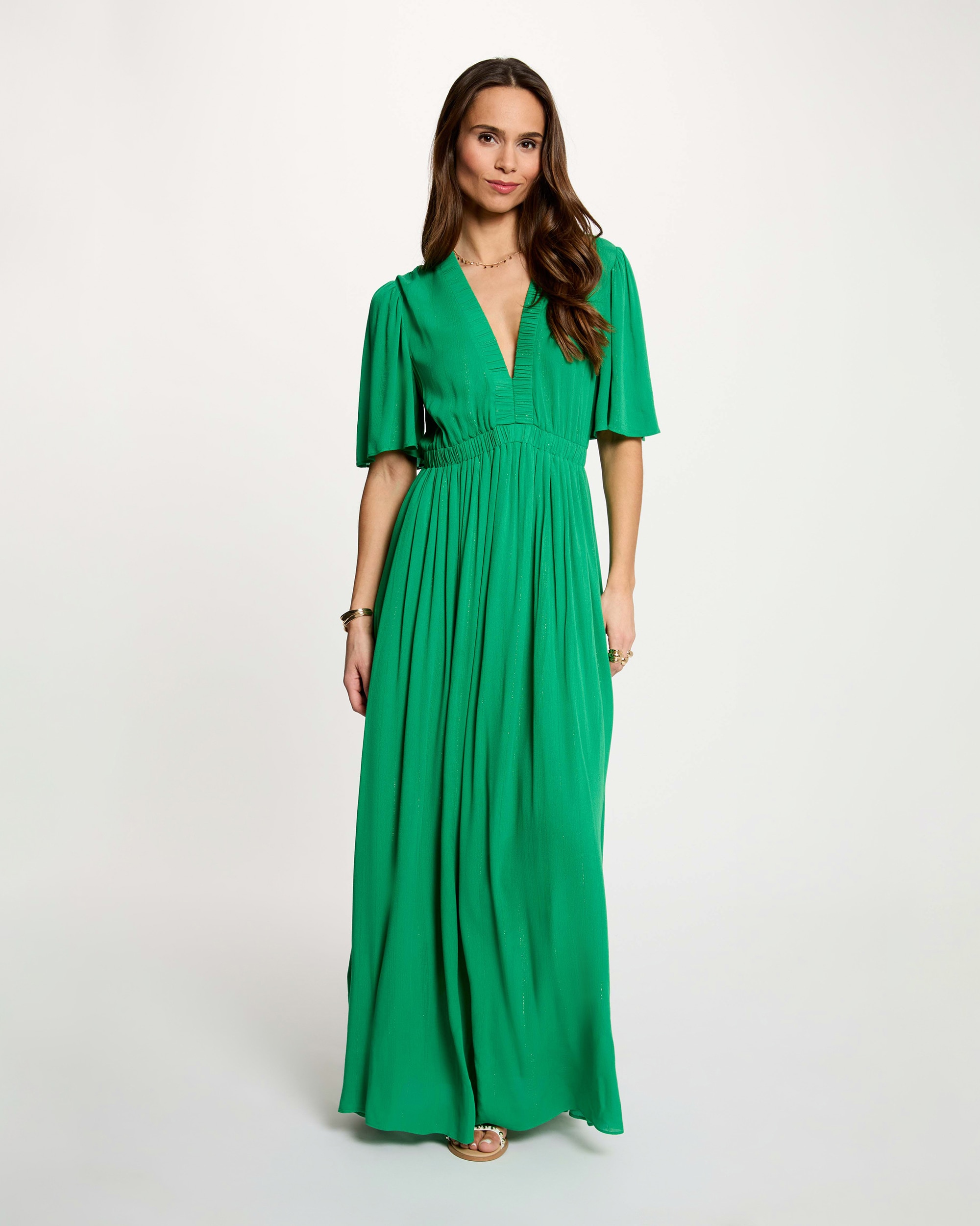 Vestido Comprido com Decote em V e Manga Curta Verde-4