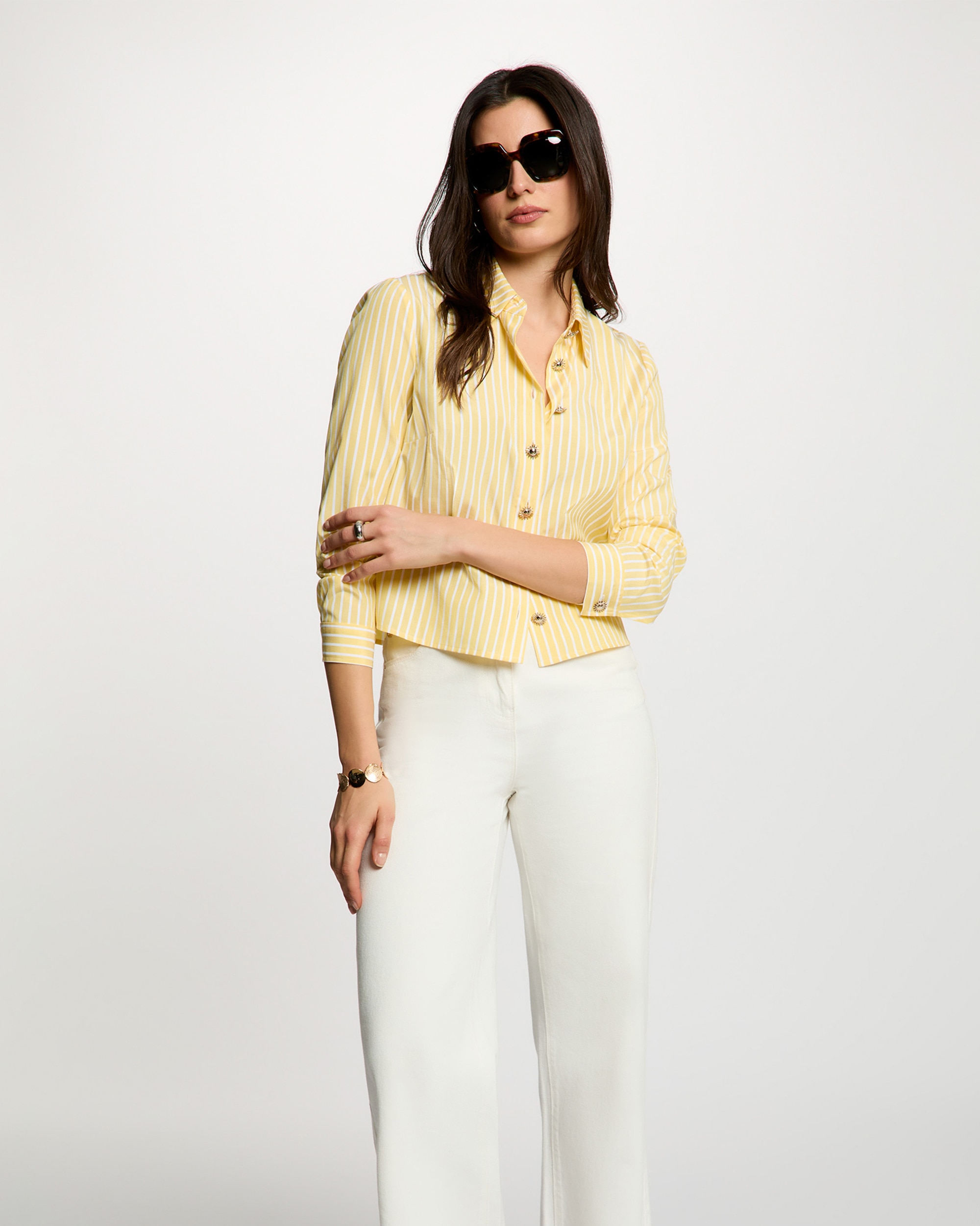 Camisa Cropped Às Riscas Amarelo-1