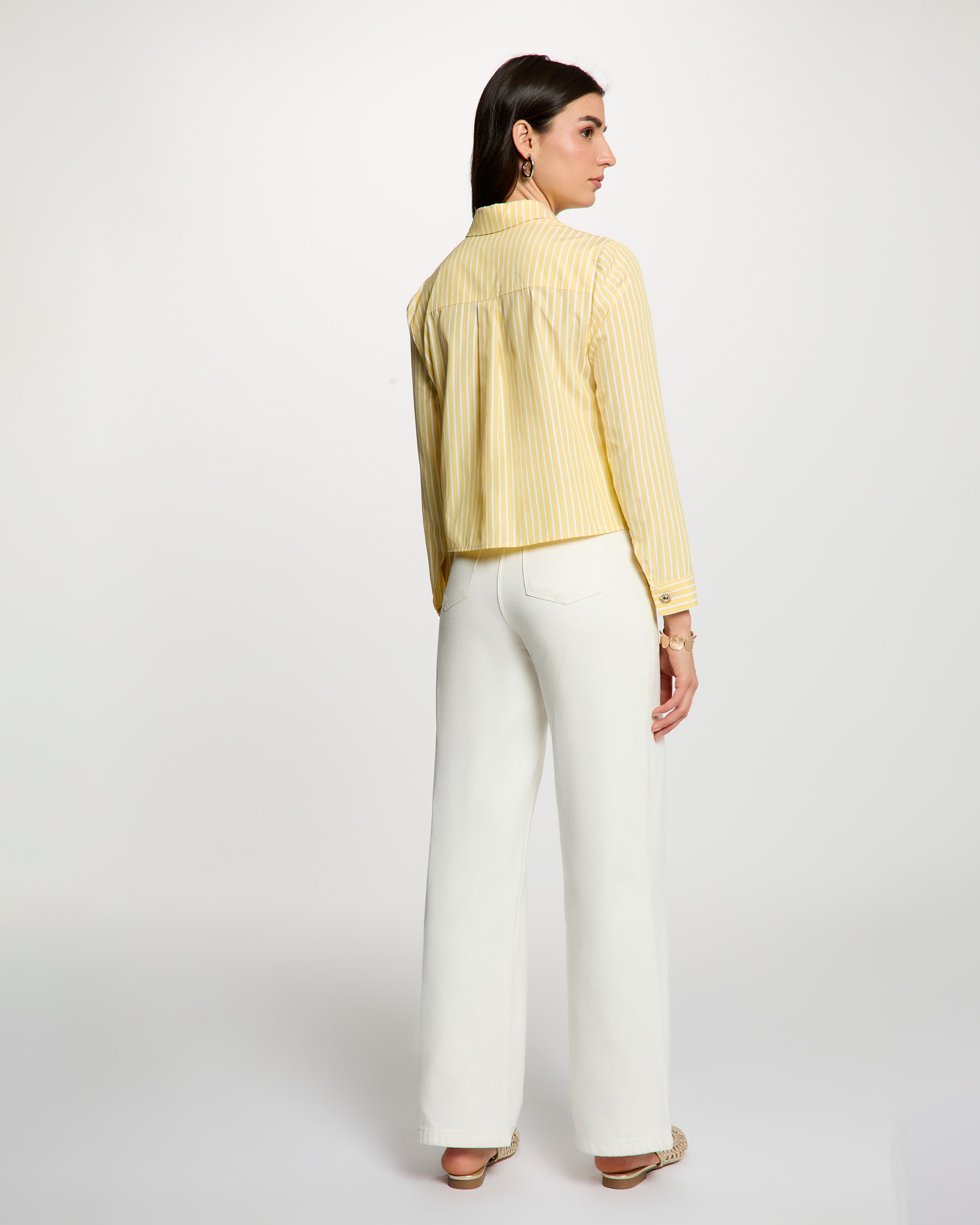 Camisa Cropped Às Riscas Amarelo-3