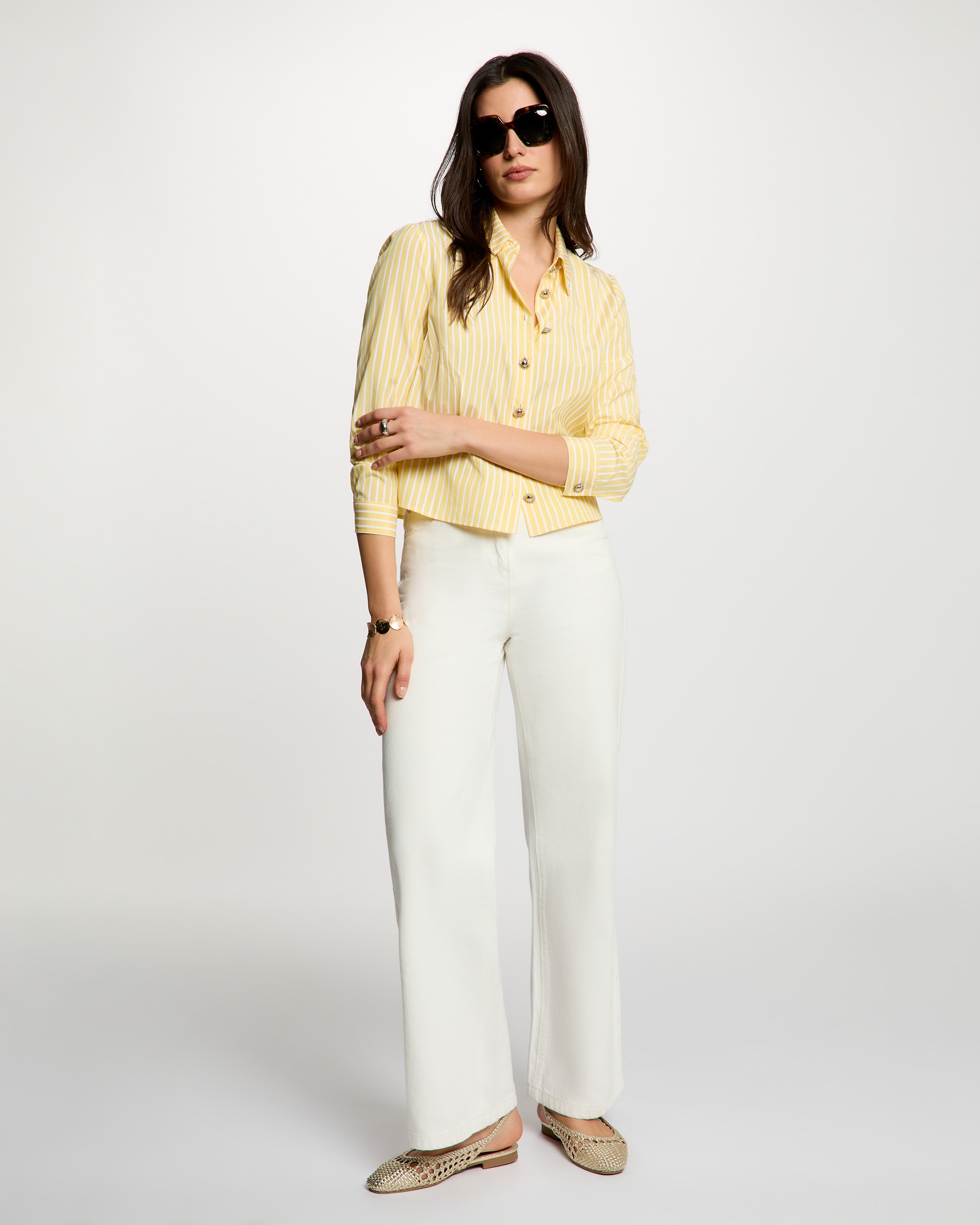Camisa Cropped Às Riscas Amarelo-4