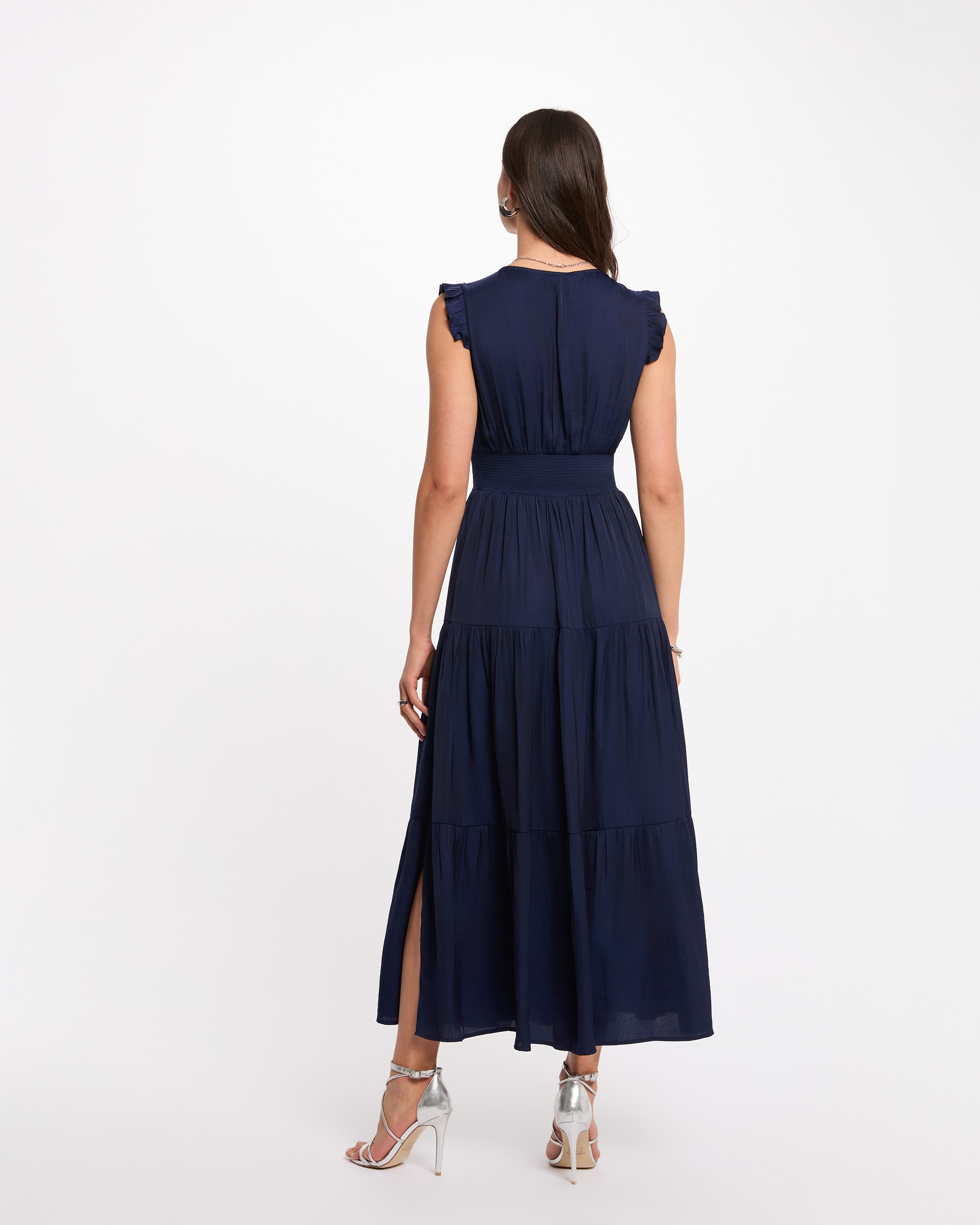 Vestido Comprido com Decote em V sem Mangas Azul-escuro-3