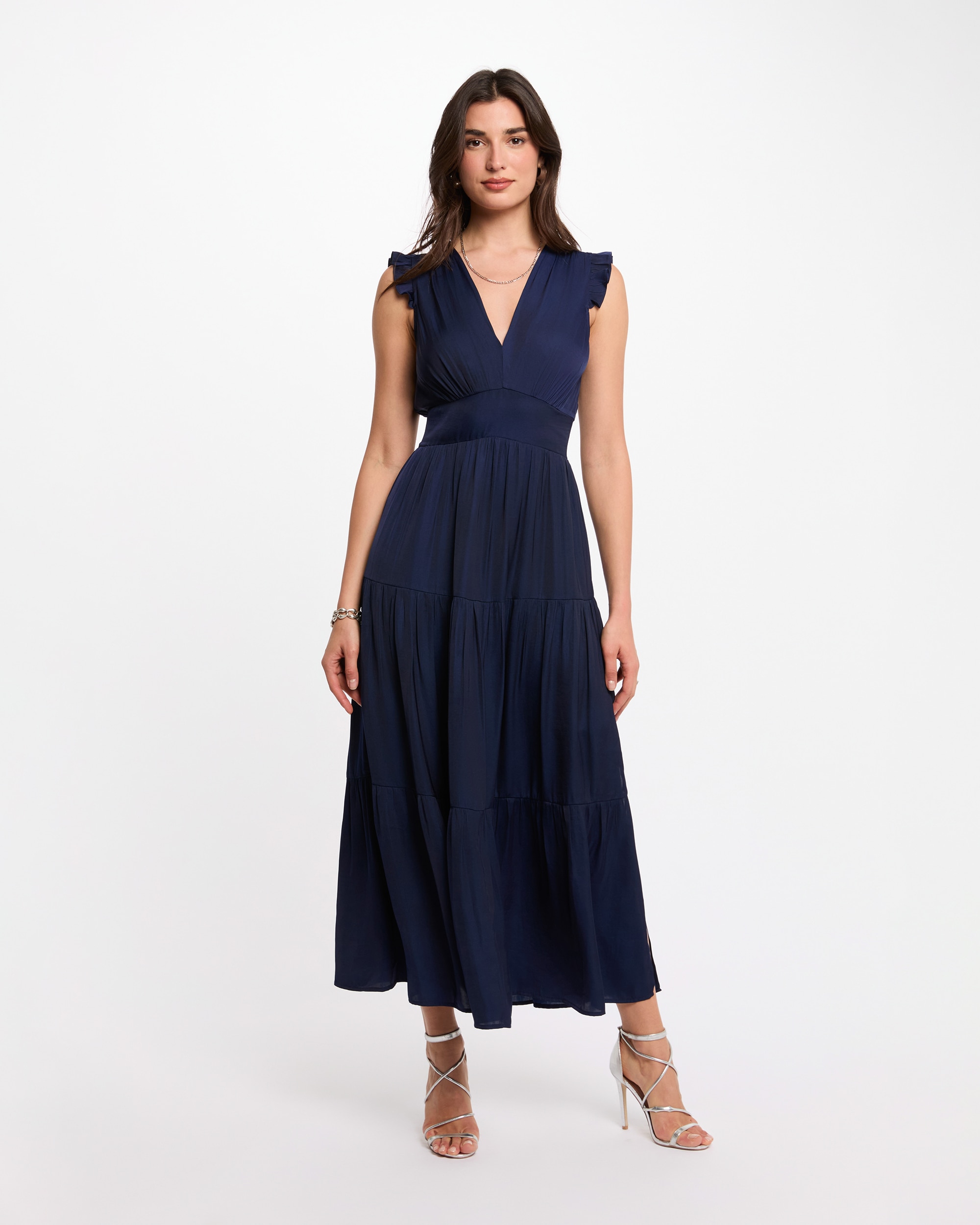 Vestido Comprido com Decote em V sem Mangas Azul-escuro-4