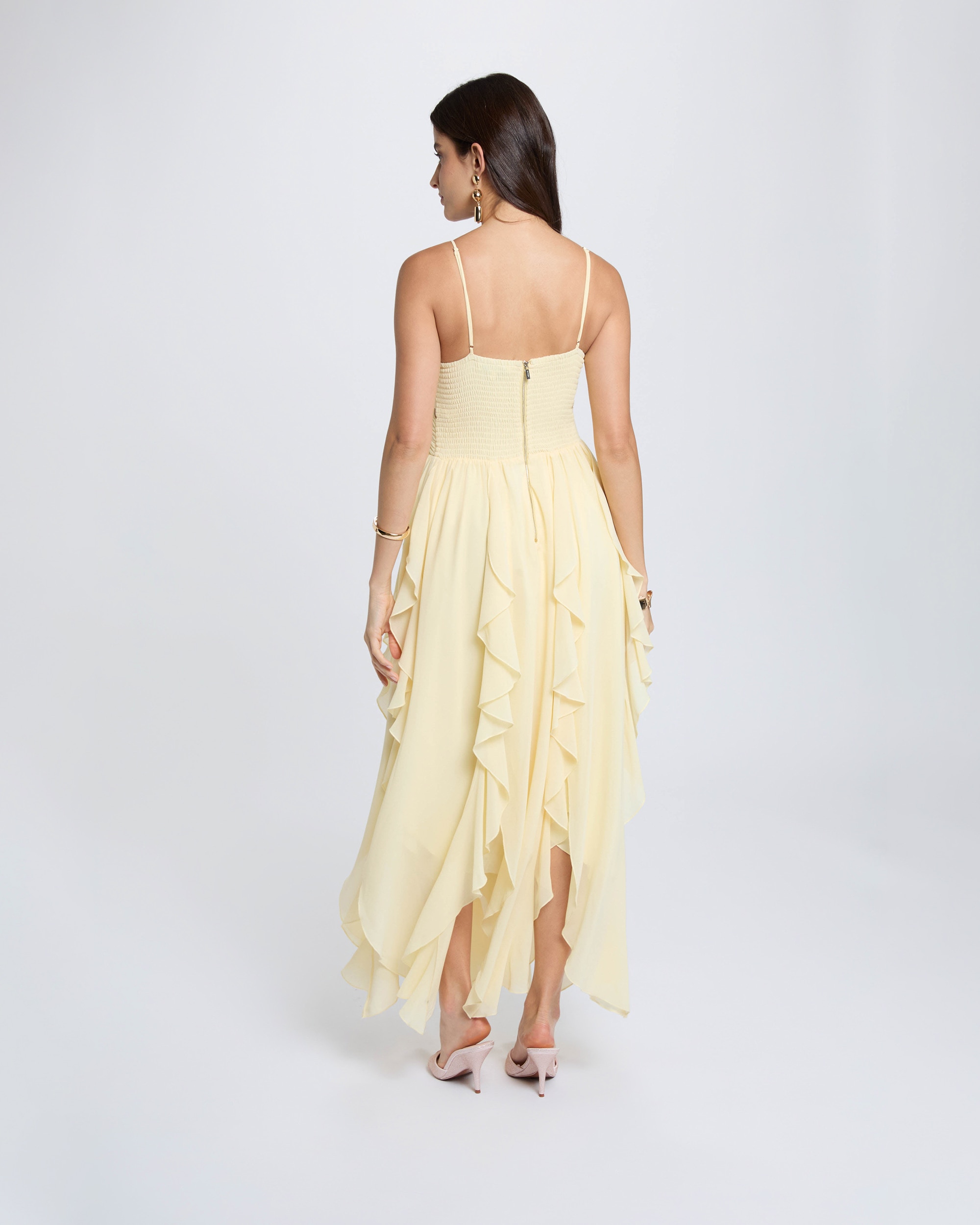 Vestido Comprido com Decote em V Amarelo-3