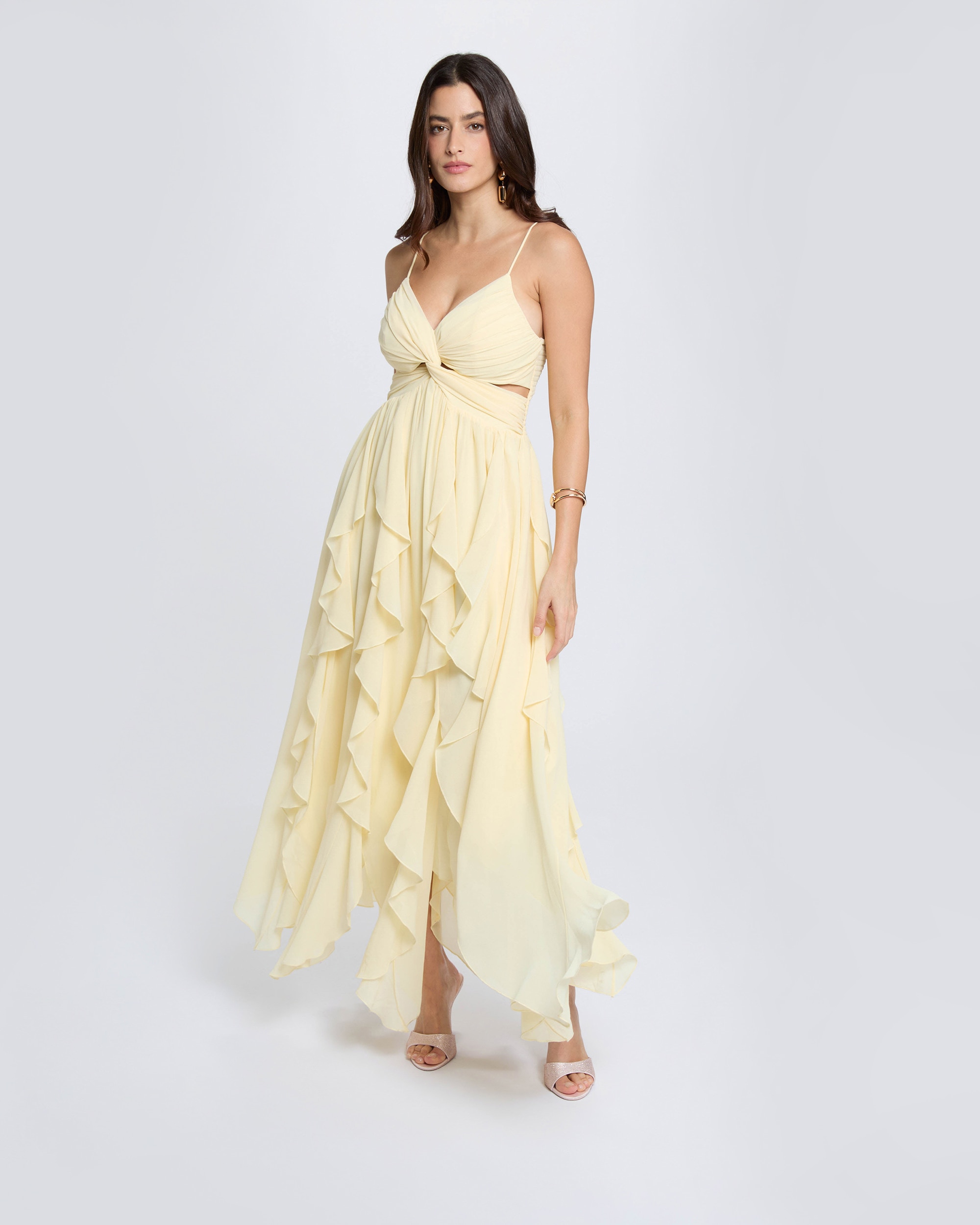 Vestido Comprido com Decote em V Amarelo-4