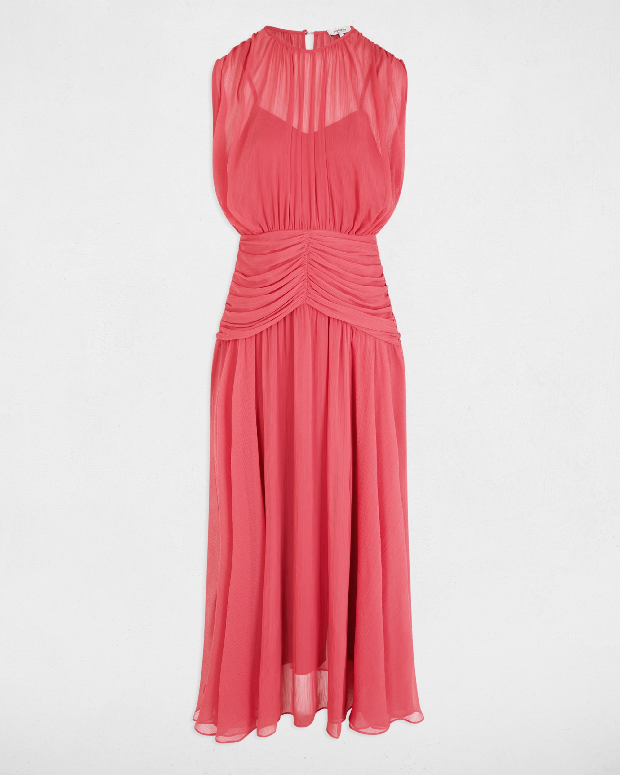 Vestido Comprido Drapeado com Decote Redondo Rosa-2