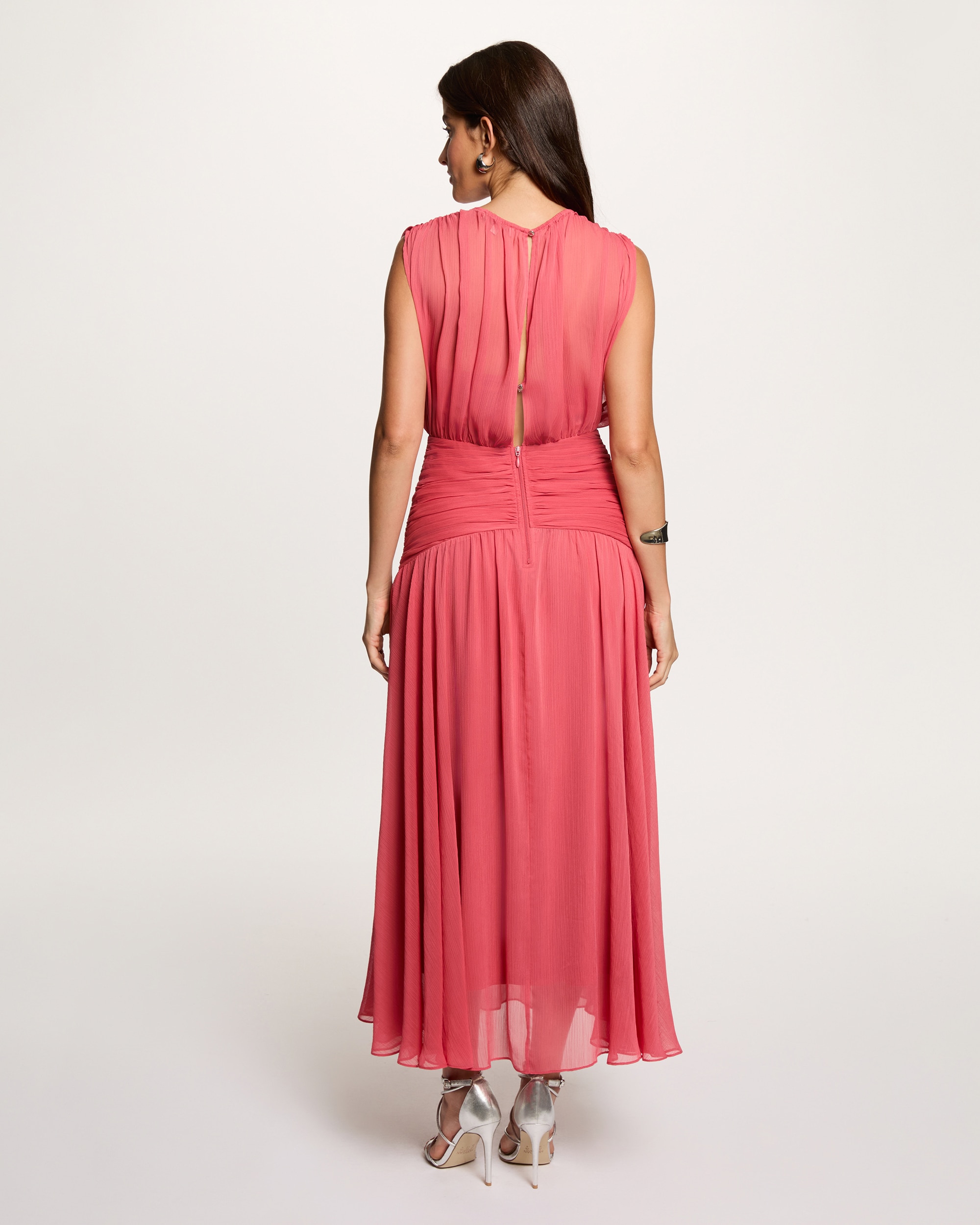 Vestido Comprido Drapeado com Decote Redondo Rosa-3
