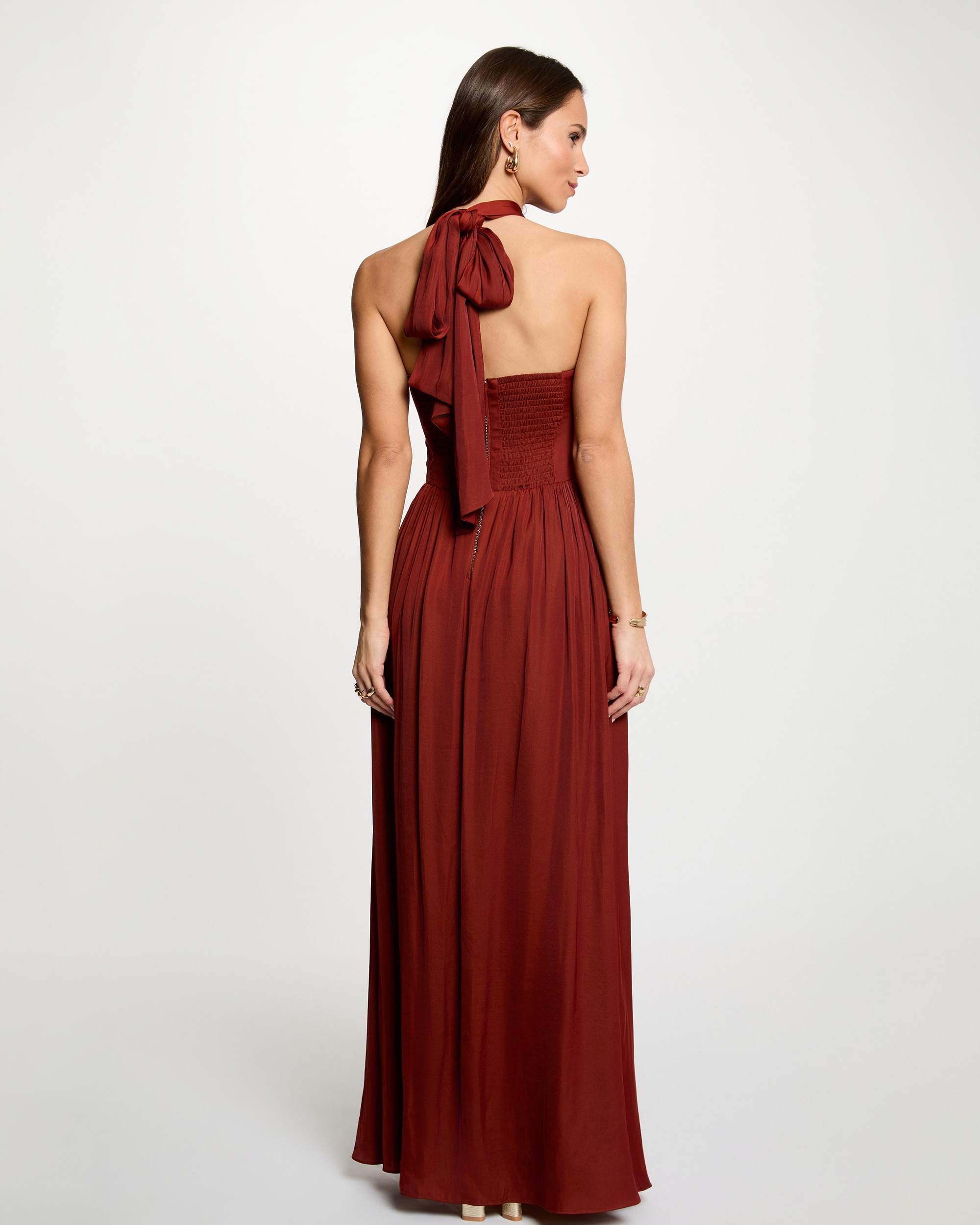 Vestido Comprido com Fecho de Laço e Charm Castanho-3