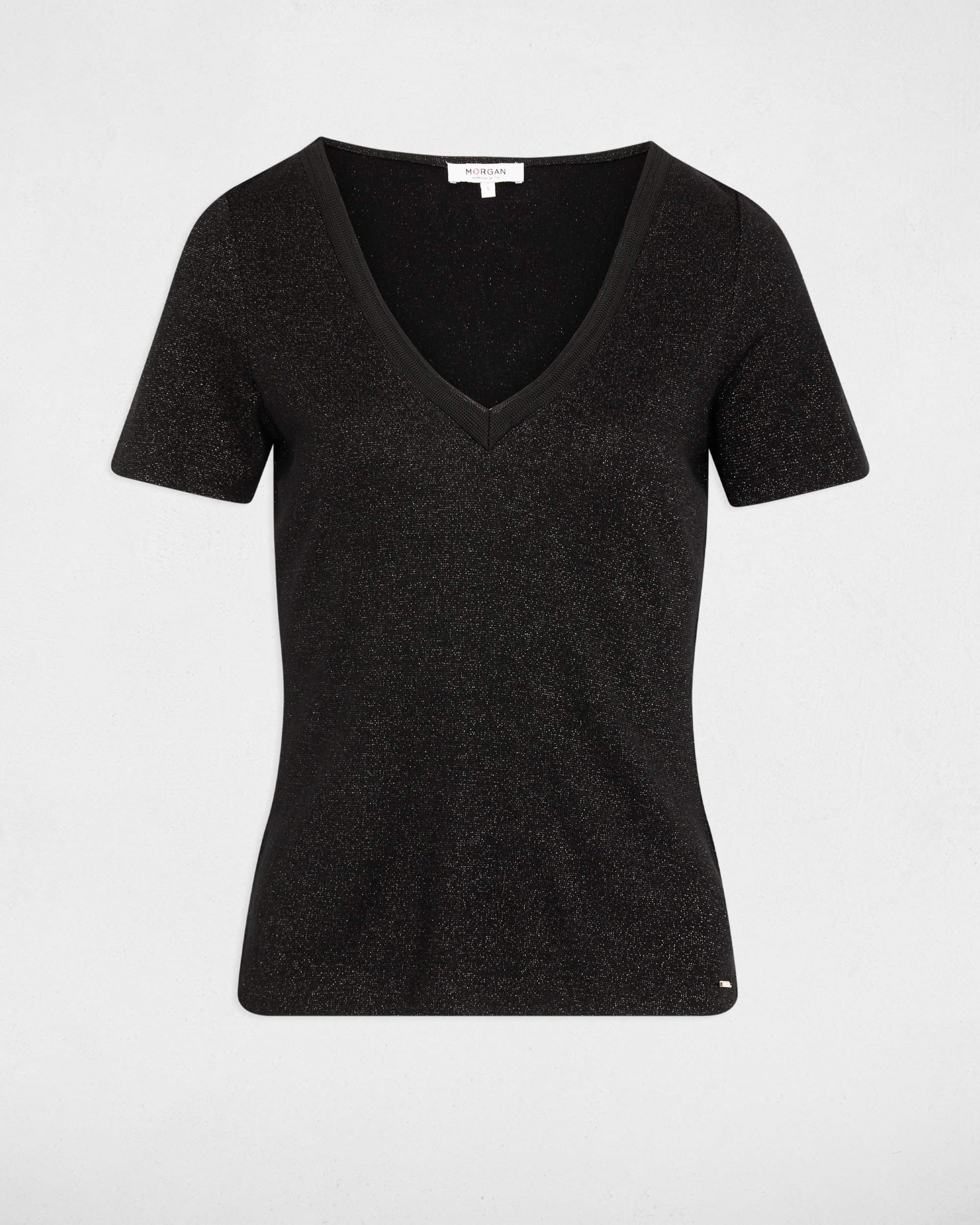 T-shirt Ajustada com Decote em V Preto-2