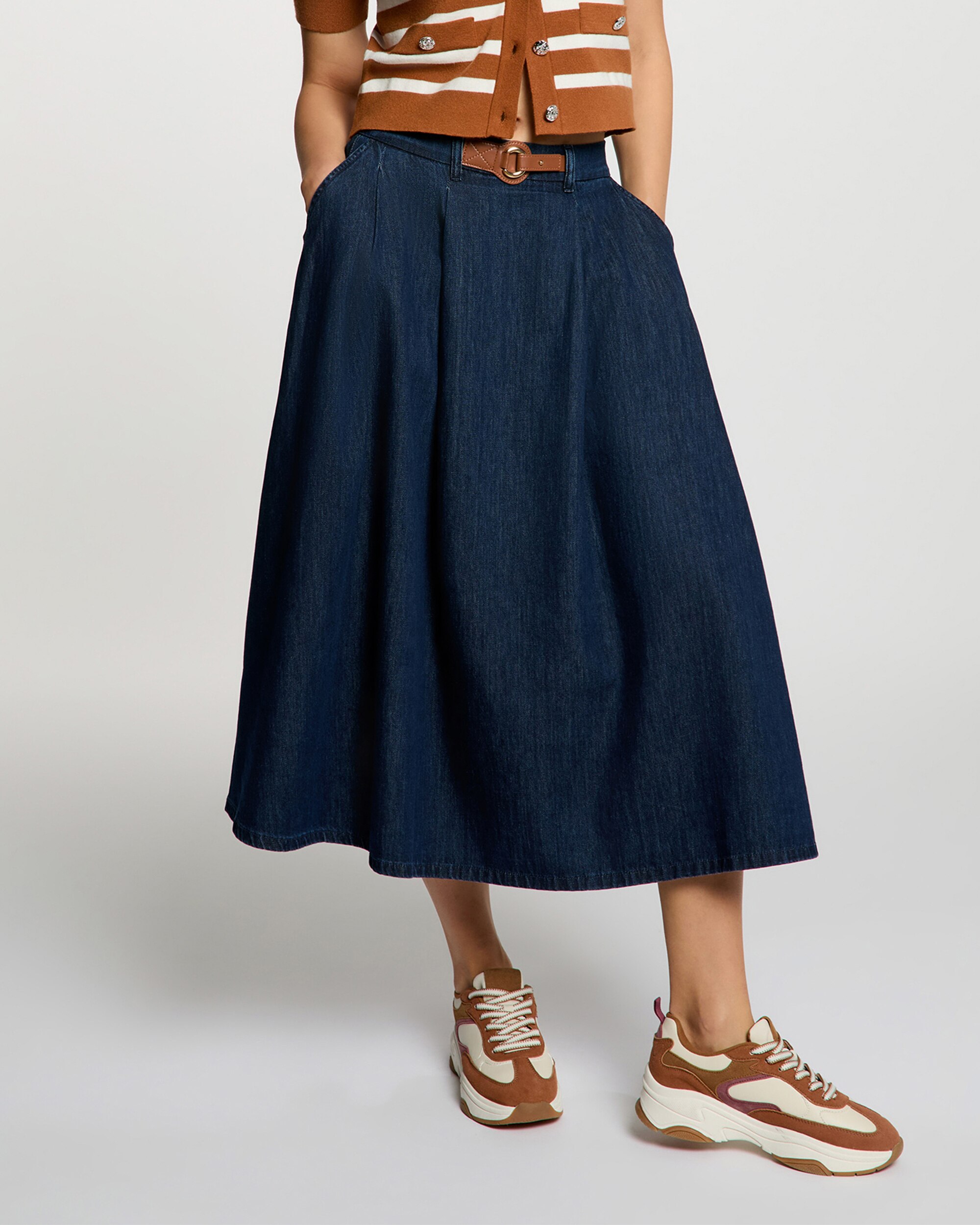 Saia Comprida em Tecido Jeans com Cós Azul-escuro-1