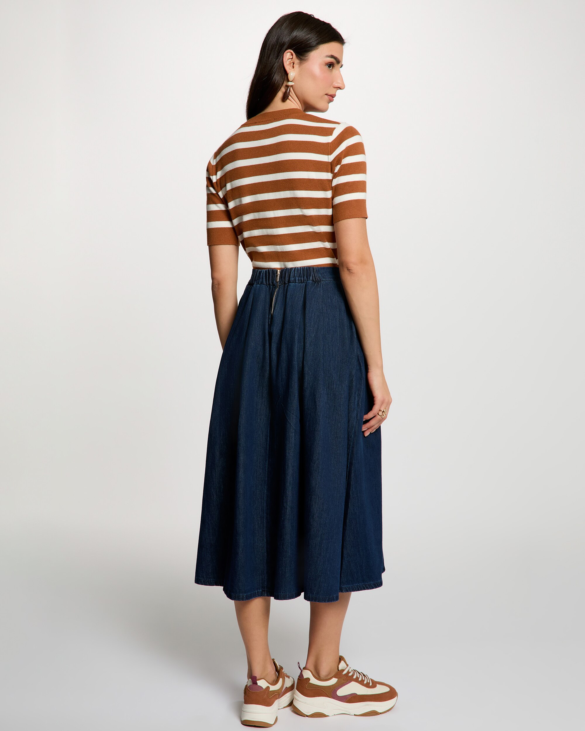Saia Comprida em Tecido Jeans com Cós Azul-escuro-3