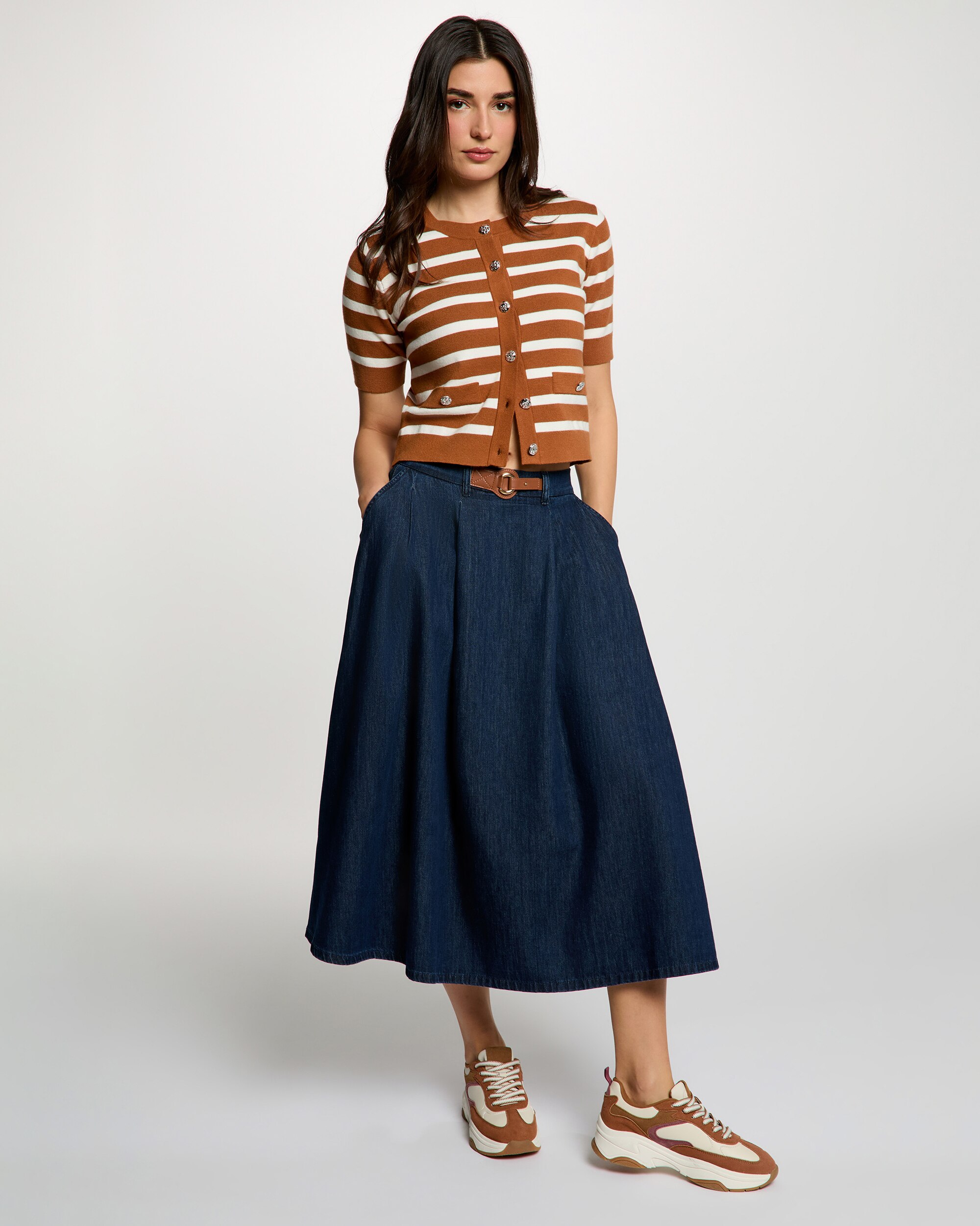 Saia Comprida em Tecido Jeans com Cós Azul-escuro-4