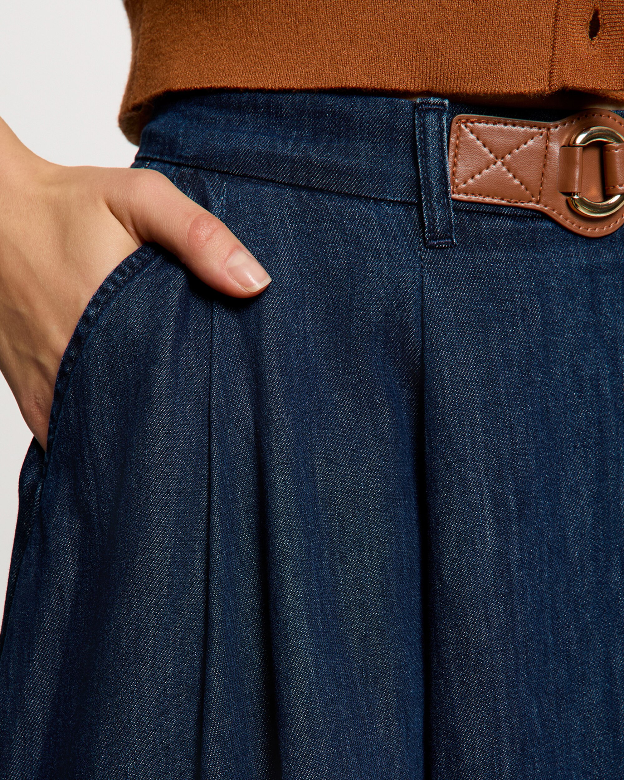 Saia Comprida em Tecido Jeans com Cós Azul-escuro-5