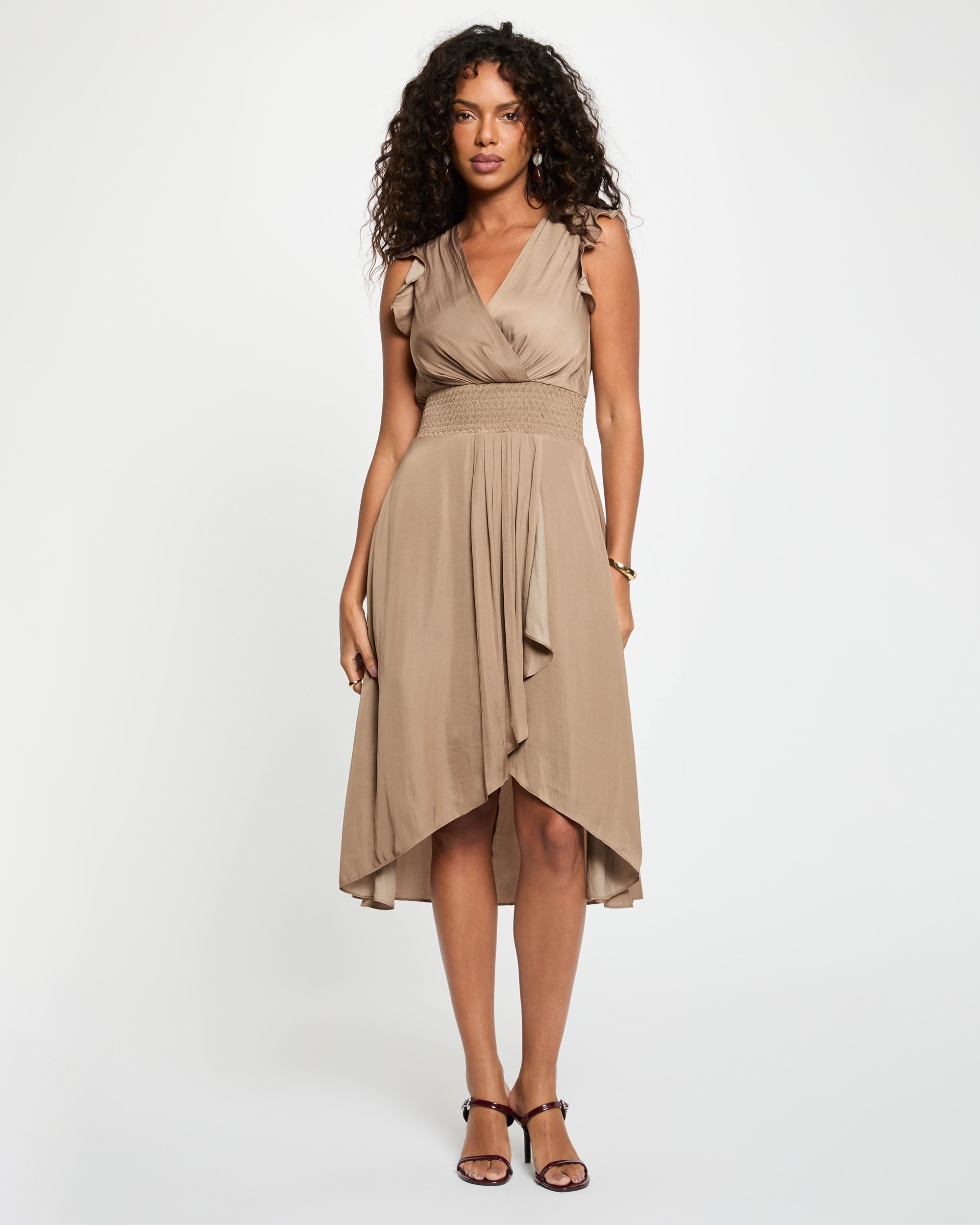 Vestido Midi com Decote em V Taupe-4