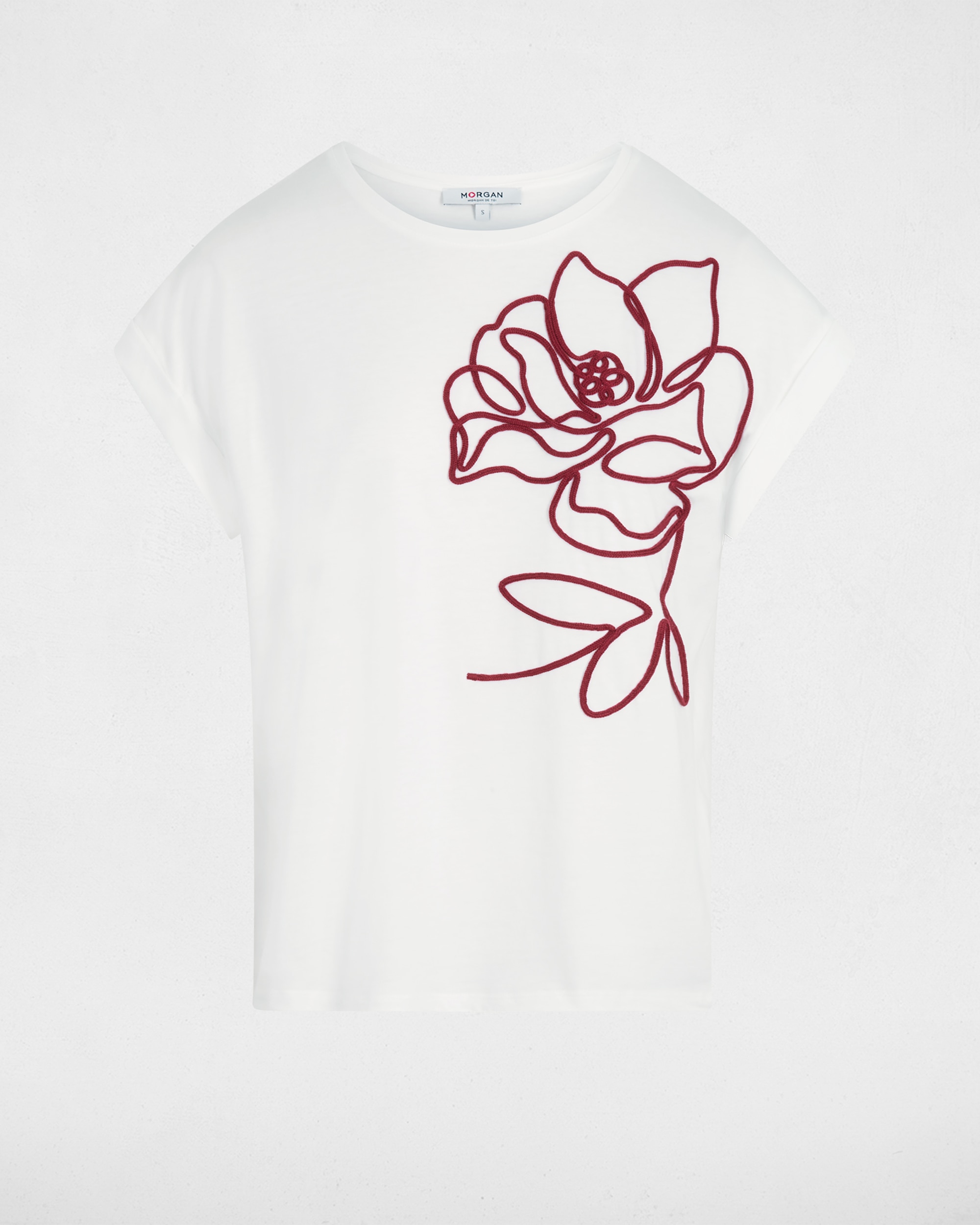T-shirt com Bordado Floral Branco / Vermelho-2