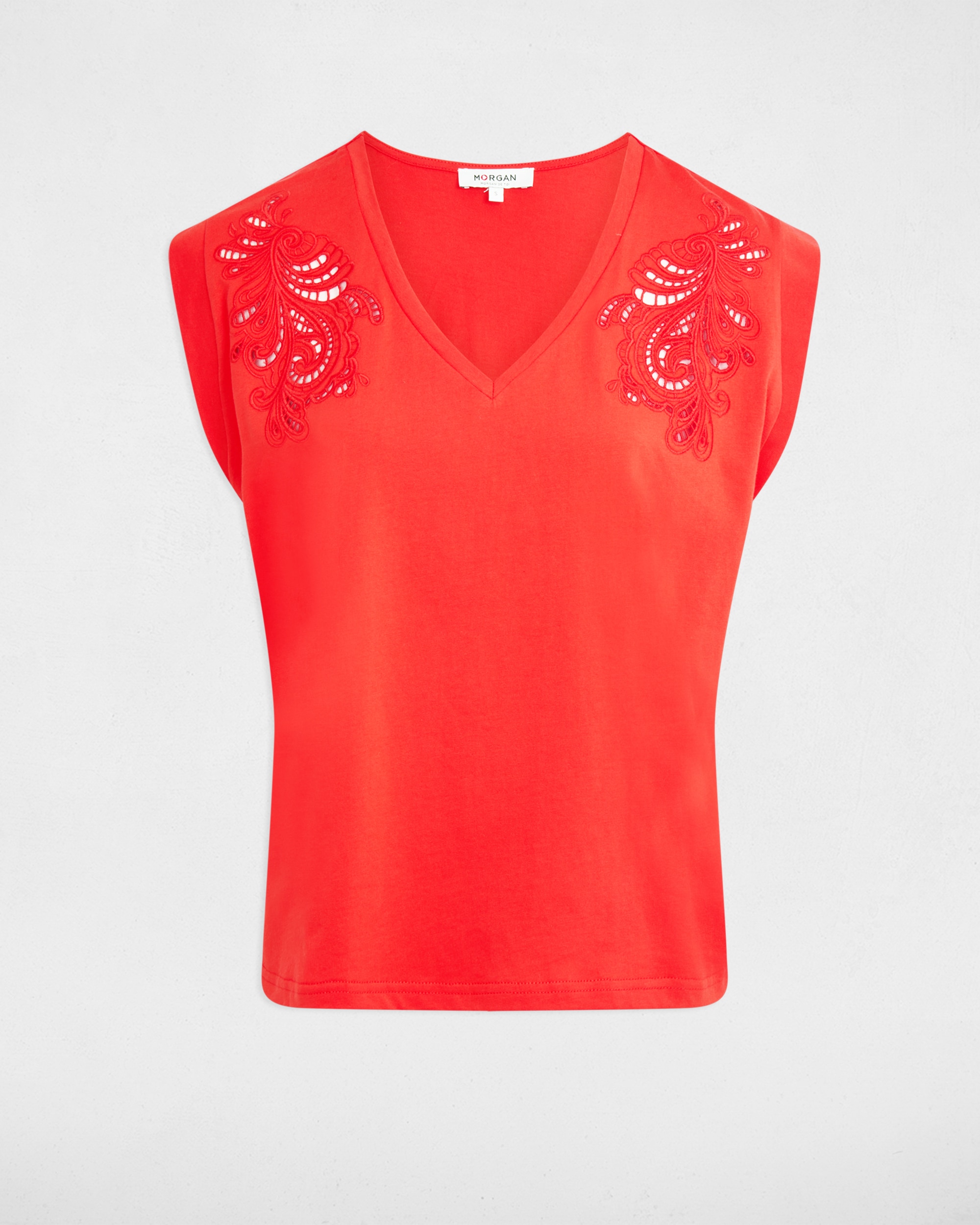 T-shirt com Decote em V de Manga Curta Vermelho-2