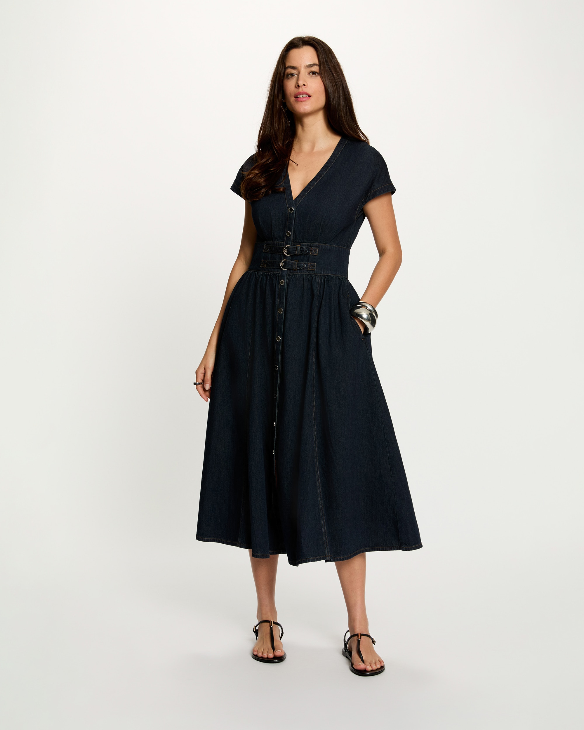 Vestido Midi em Denim com Fivelas Azul-4
