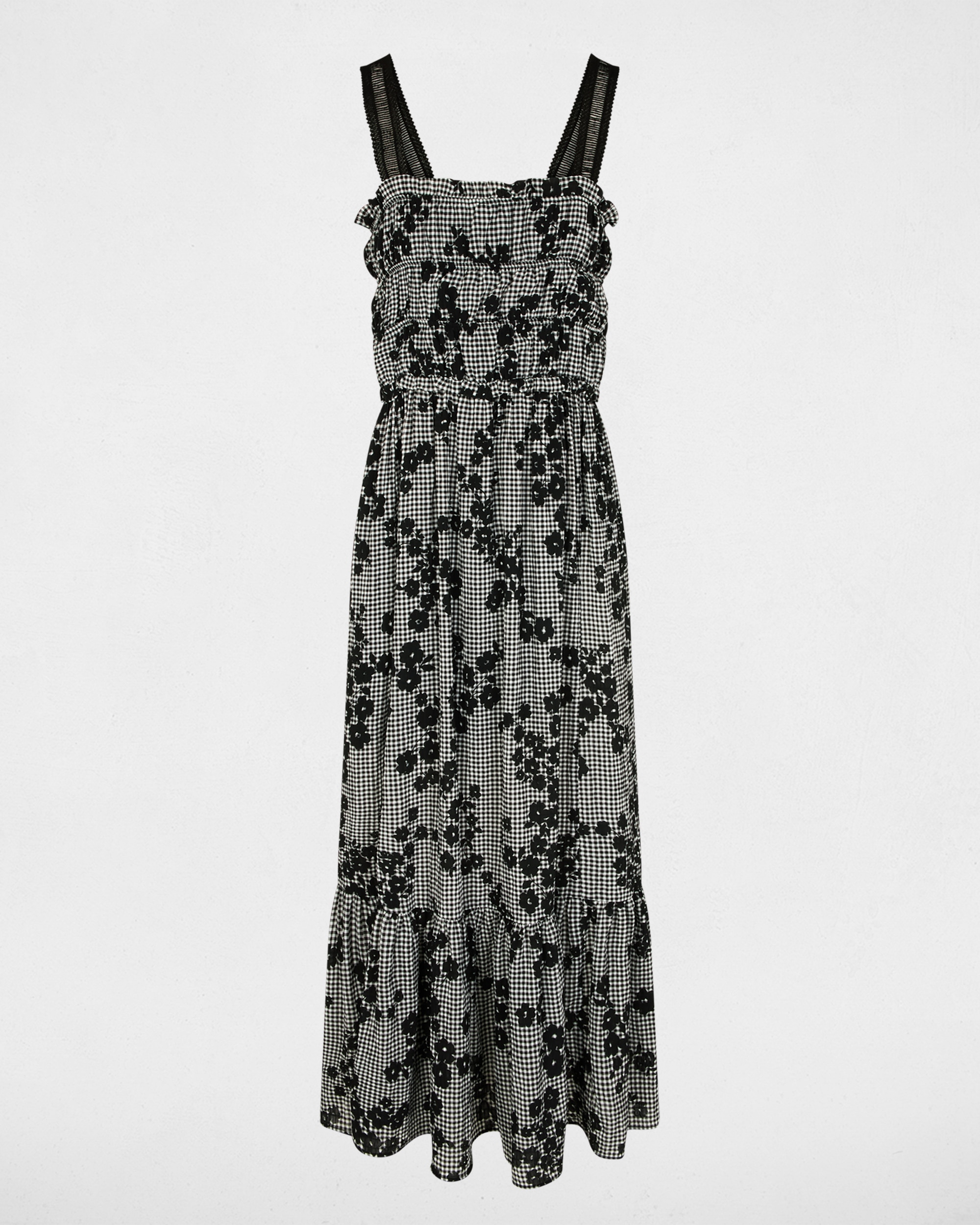 Vestido Comprido de Alças Finas com Microestampado Aos Quadrados Multicolor-2