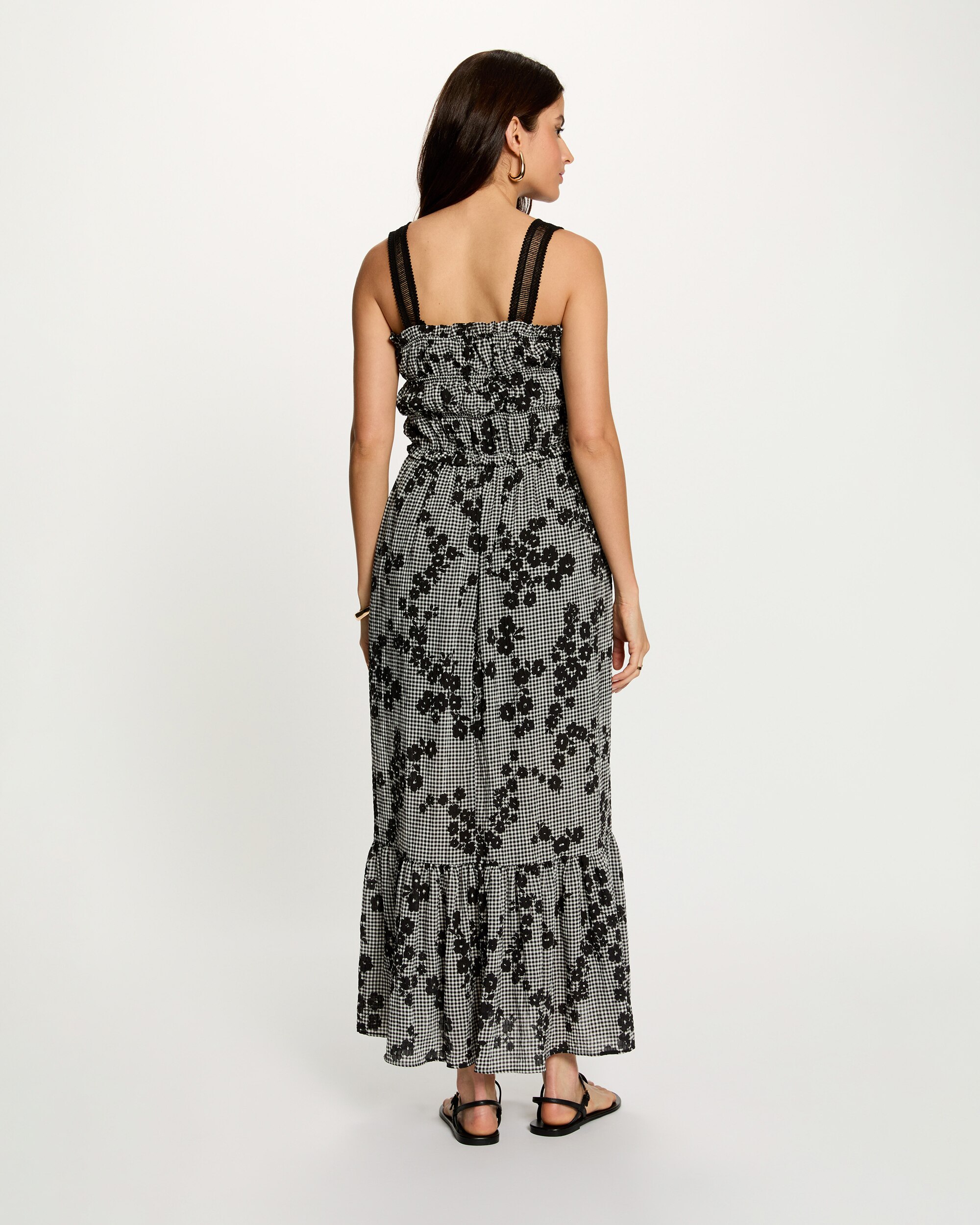 Vestido Comprido de Alças Finas com Microestampado Aos Quadrados Multicolor-3