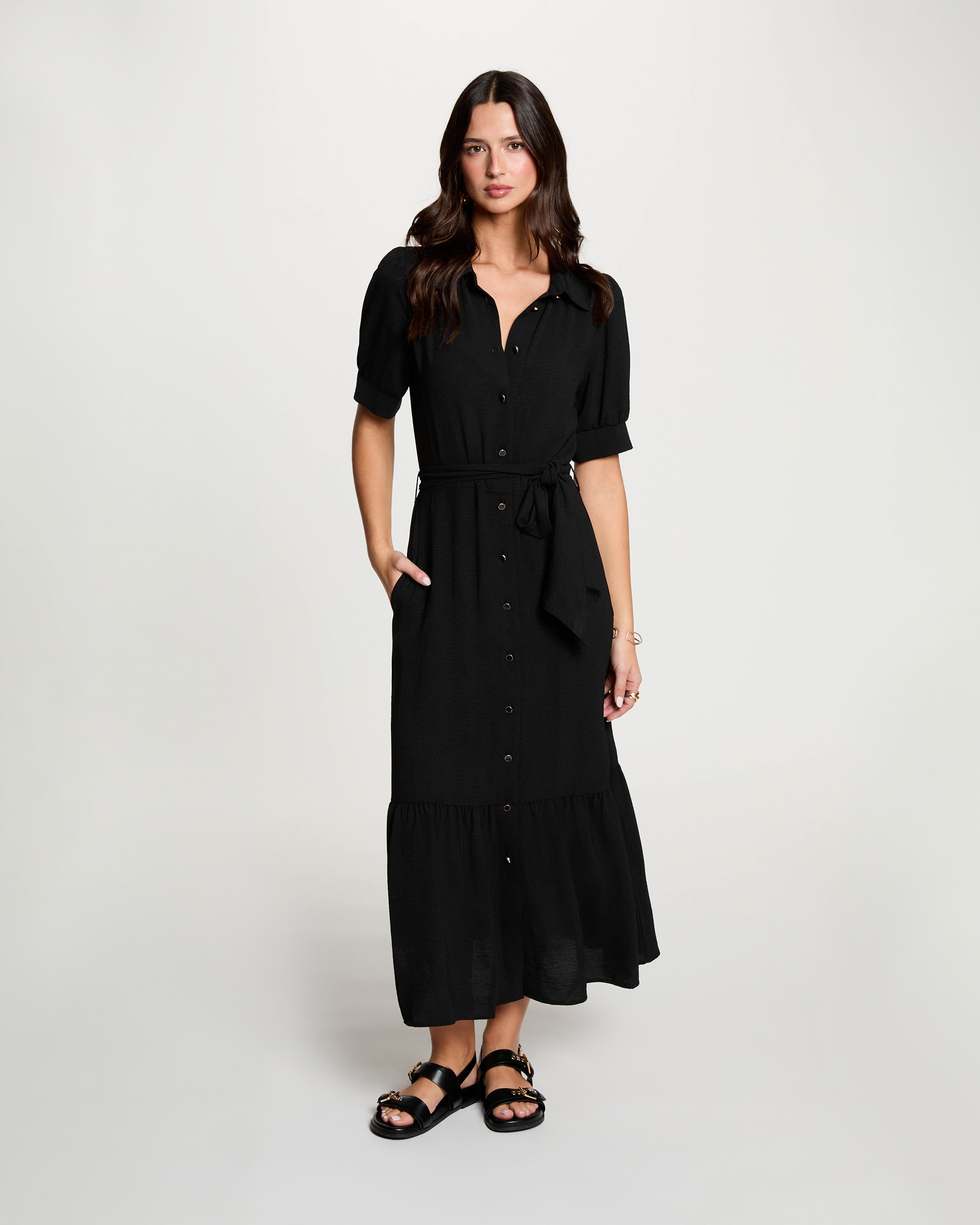 Vestido Midi com Fecho de Botões Preto-4