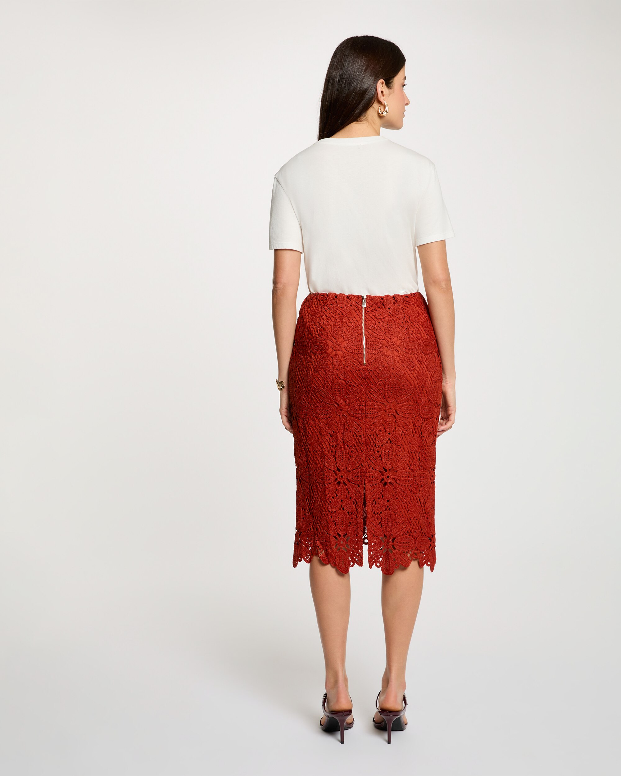 Saia Midi de Renda com Fecho Zip Laranja-3