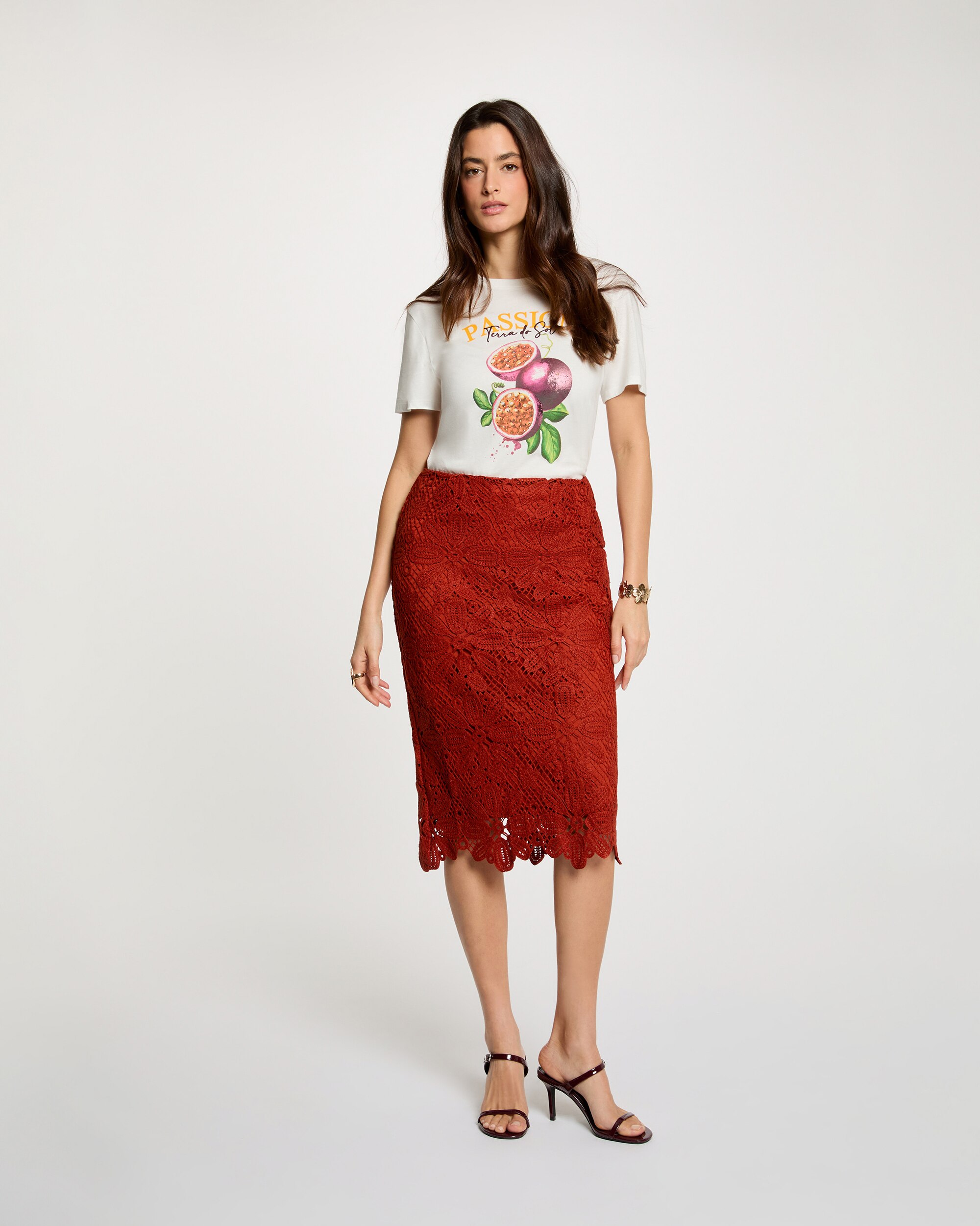 Saia Midi de Renda com Fecho Zip Laranja-4