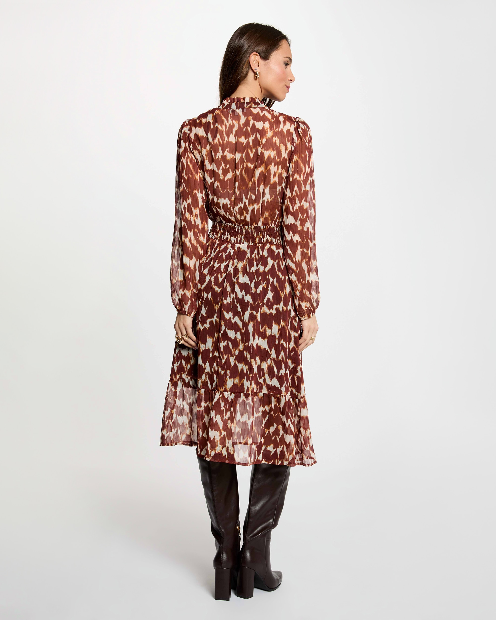 Vestido Midi com Manga Comprida e Gola Tipo Camisa Castanho-3