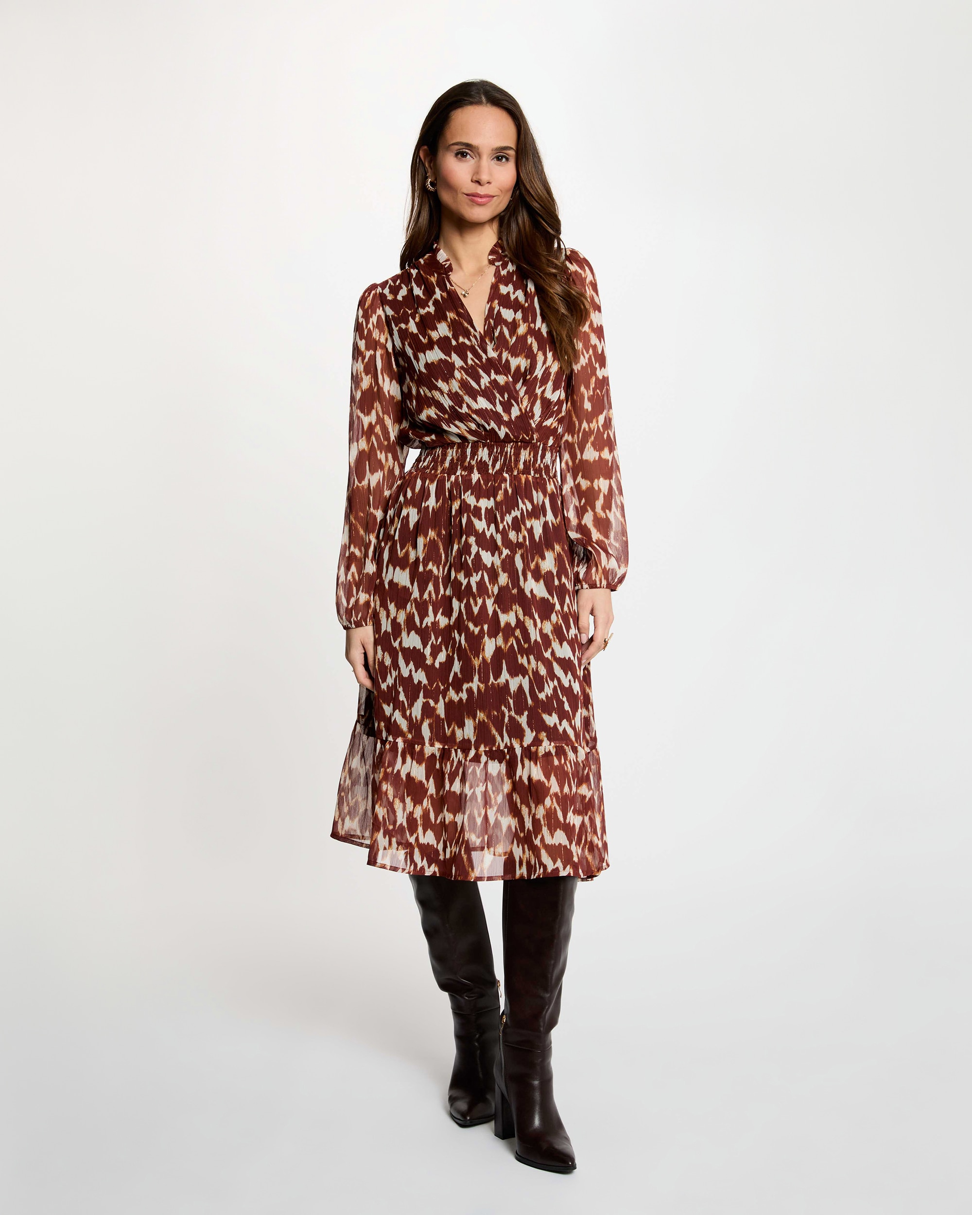 Vestido Midi com Manga Comprida e Gola Tipo Camisa Castanho-4
