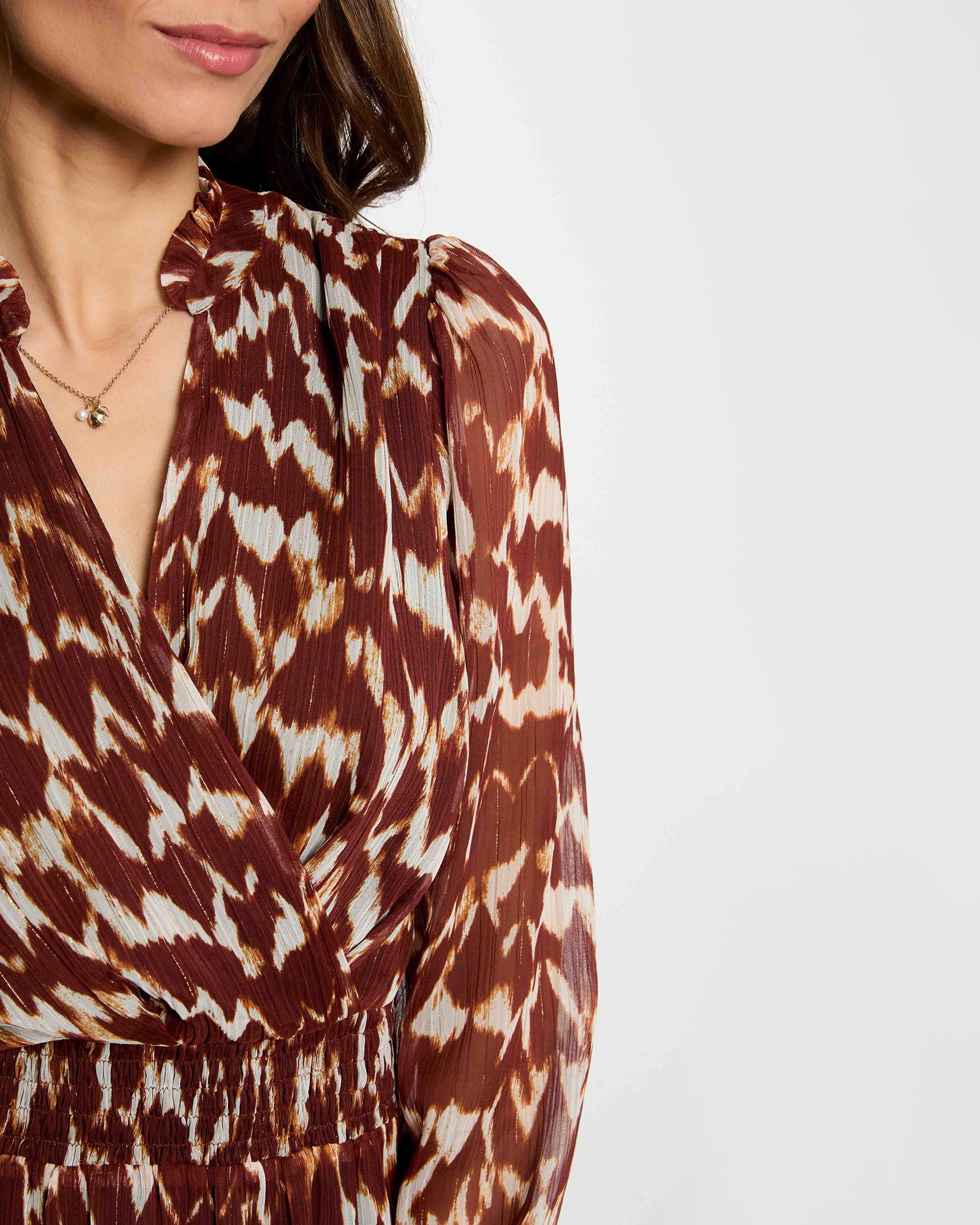 Vestido Midi com Manga Comprida e Gola Tipo Camisa Castanho-5