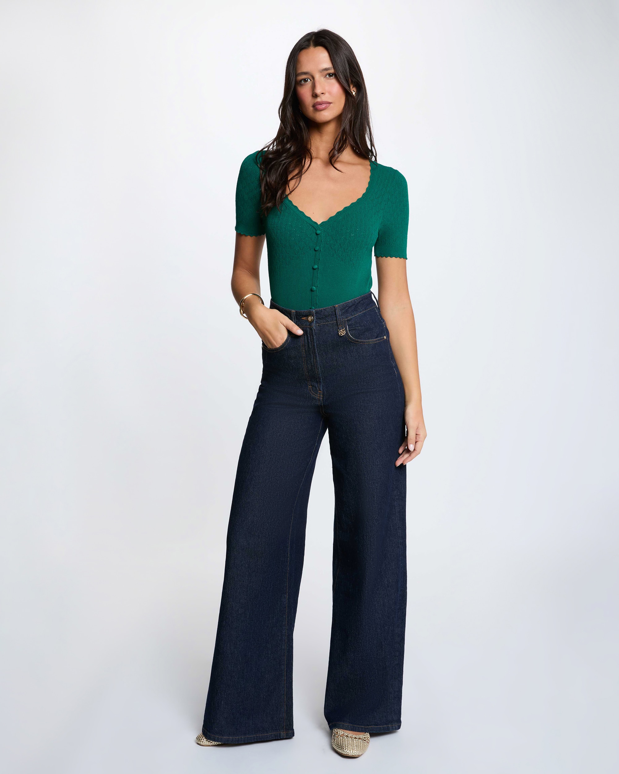 Camisola Ajustada com Gola em V Verde-4