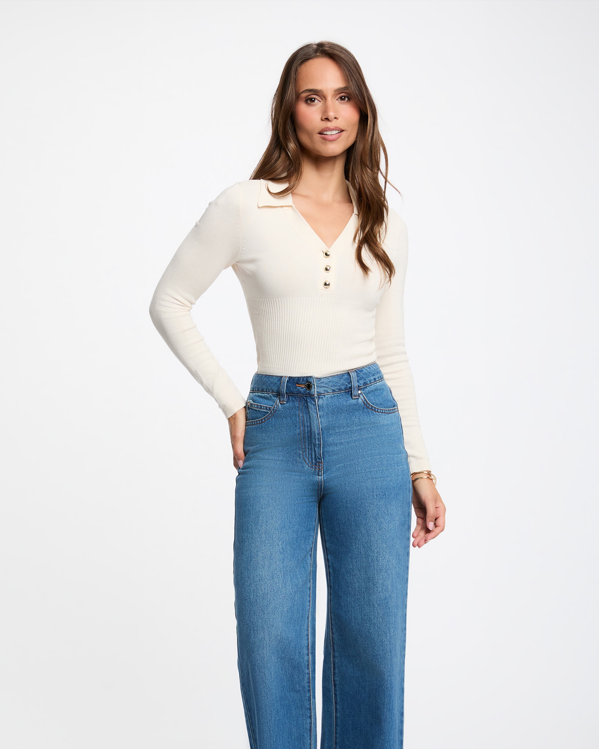 Camisola Ajustada com Gola Polo Marfim-1