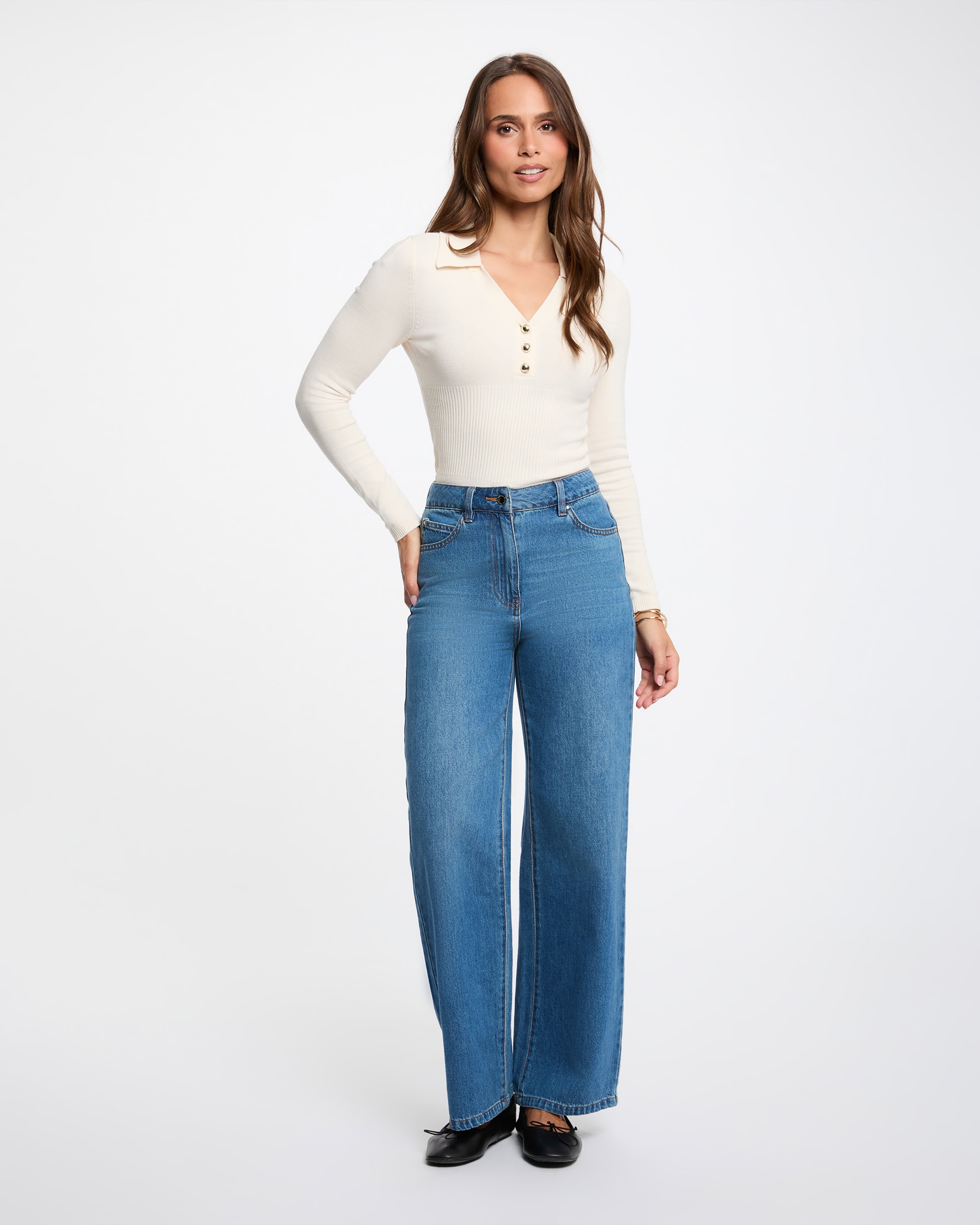 Camisola Ajustada com Gola Polo Marfim-4