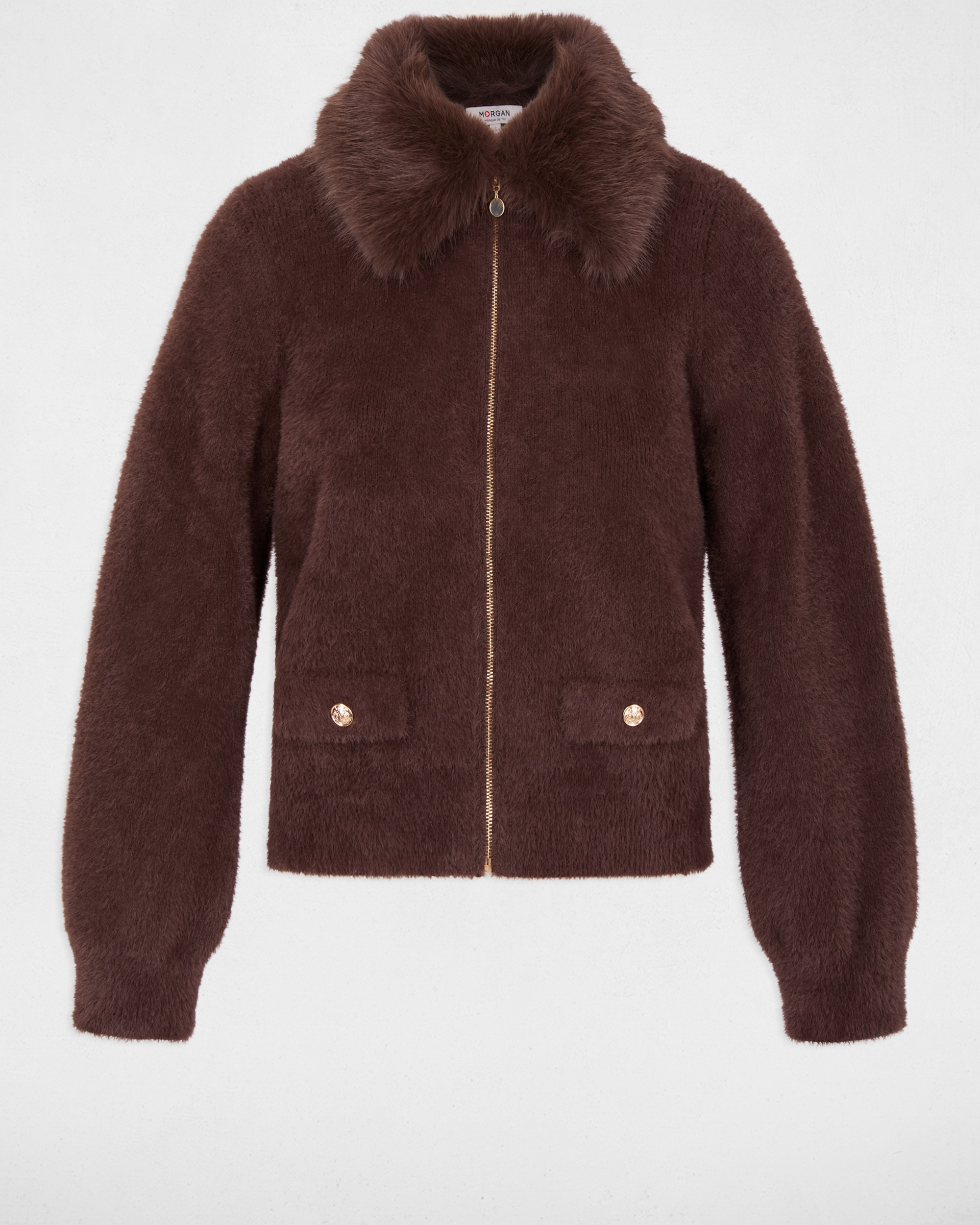 Cardigan com Gola de Pelo Castanho-escuro-2