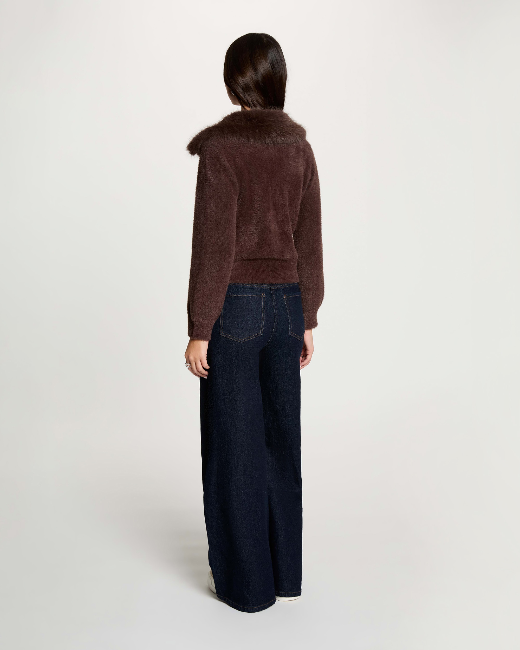 Cardigan com Gola de Pelo Castanho-escuro-3