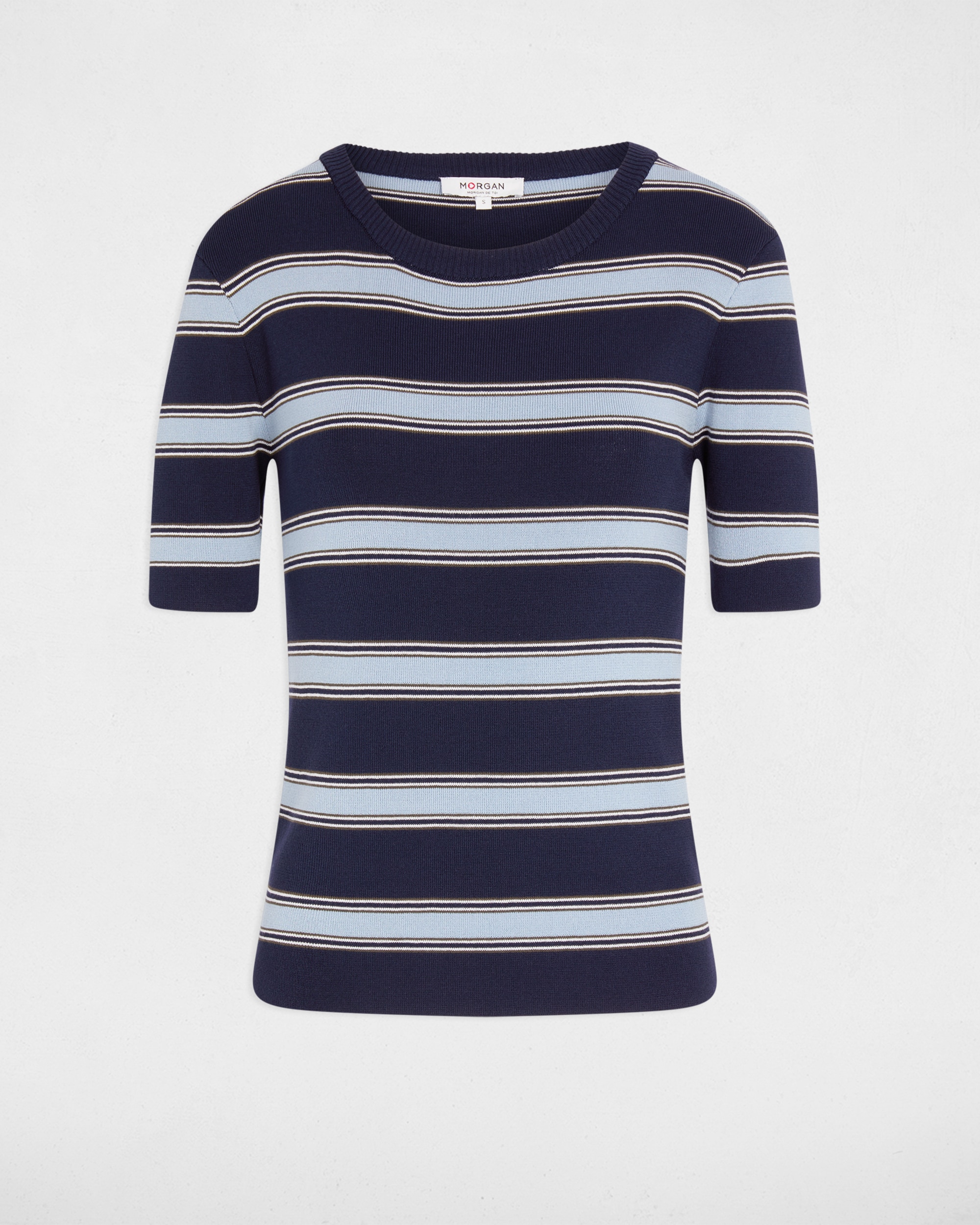 T-shirt em Malha Fina com Estampado Às Riscas Azul-marinho-2