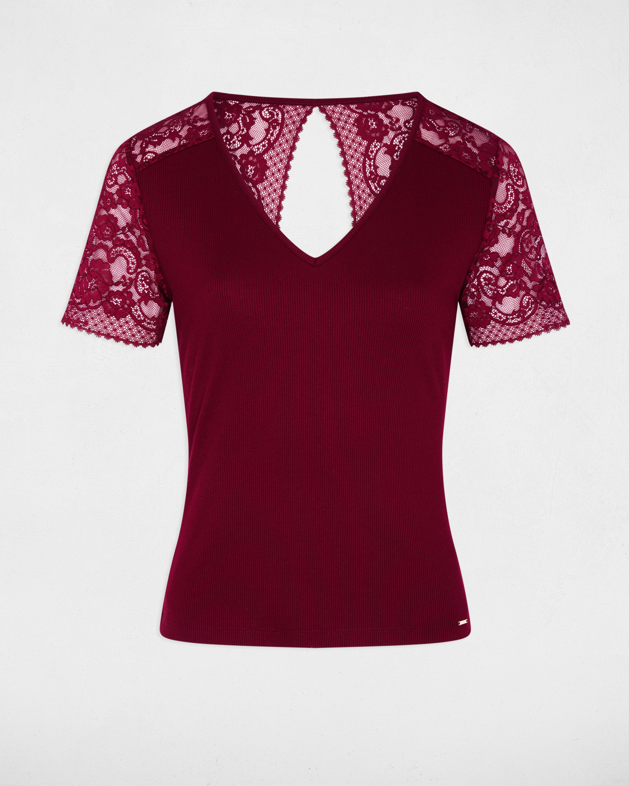 T-shirt com Mangas de Renda Bordeaux-2