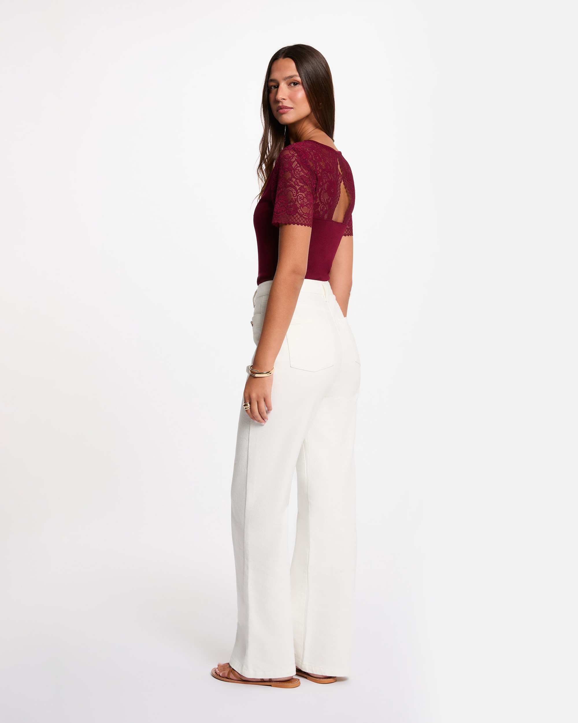 T-shirt com Mangas de Renda Bordeaux-3