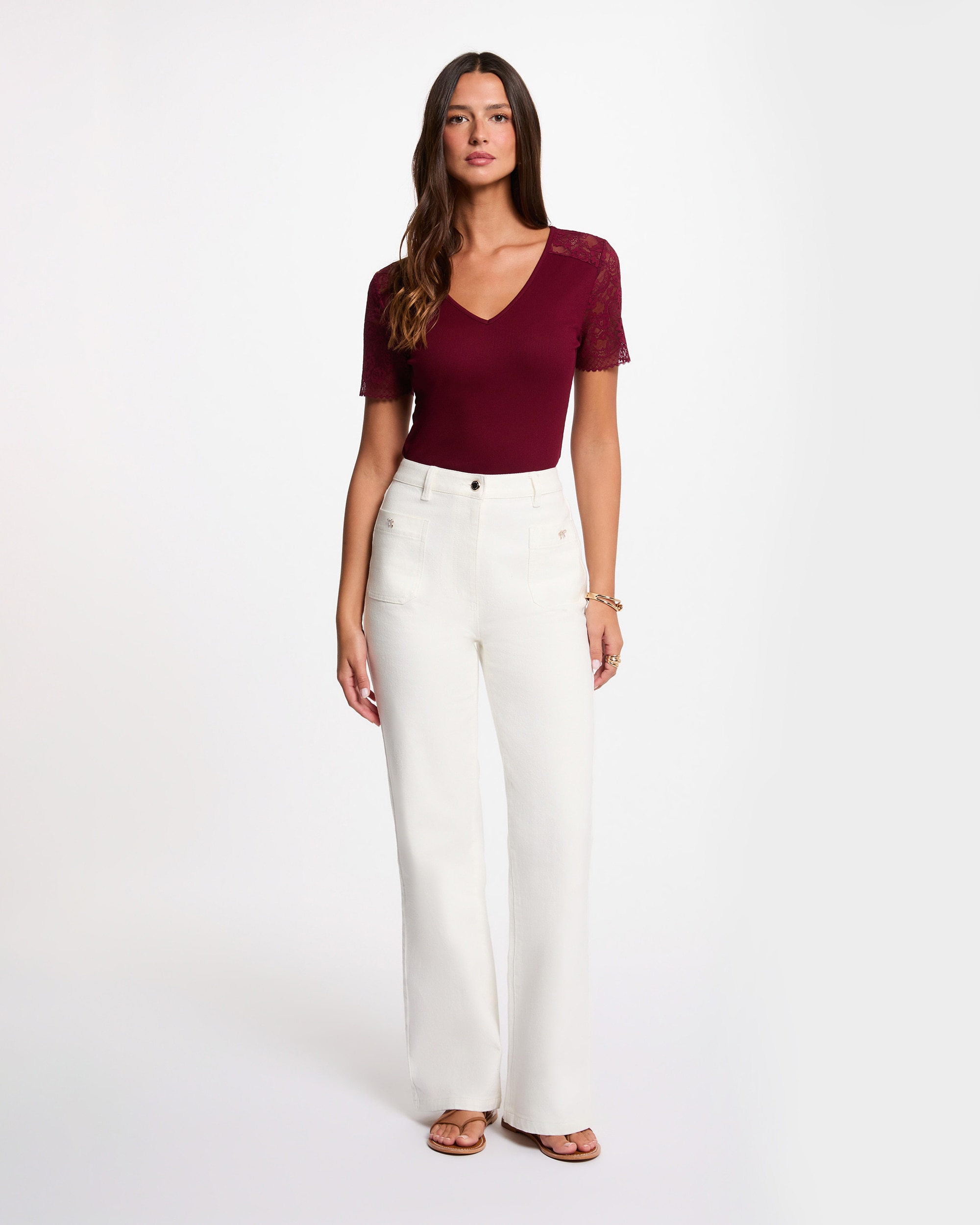 T-shirt com Mangas de Renda Bordeaux-4