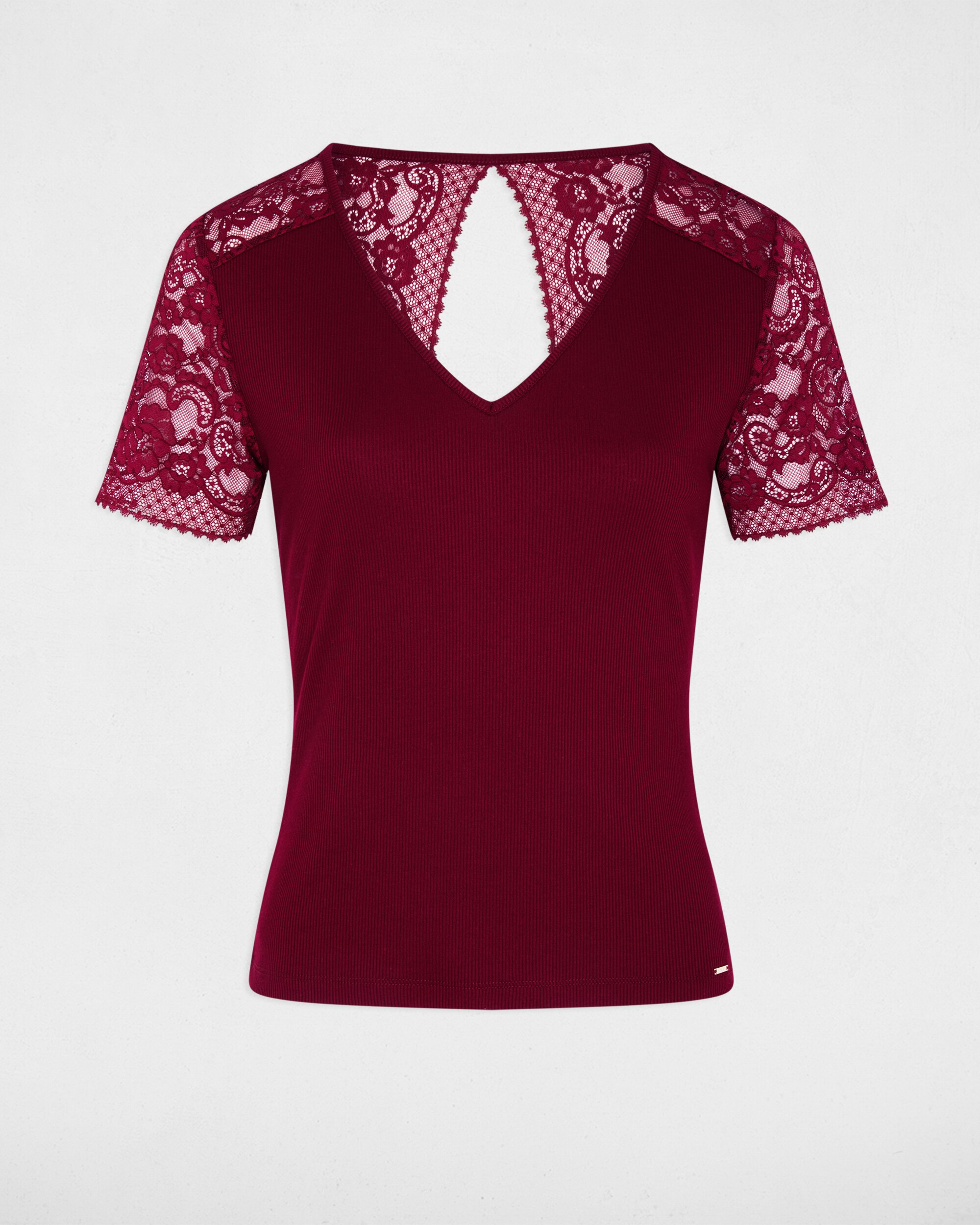 T-shirt de Renda com Gola em V Bordeaux-2
