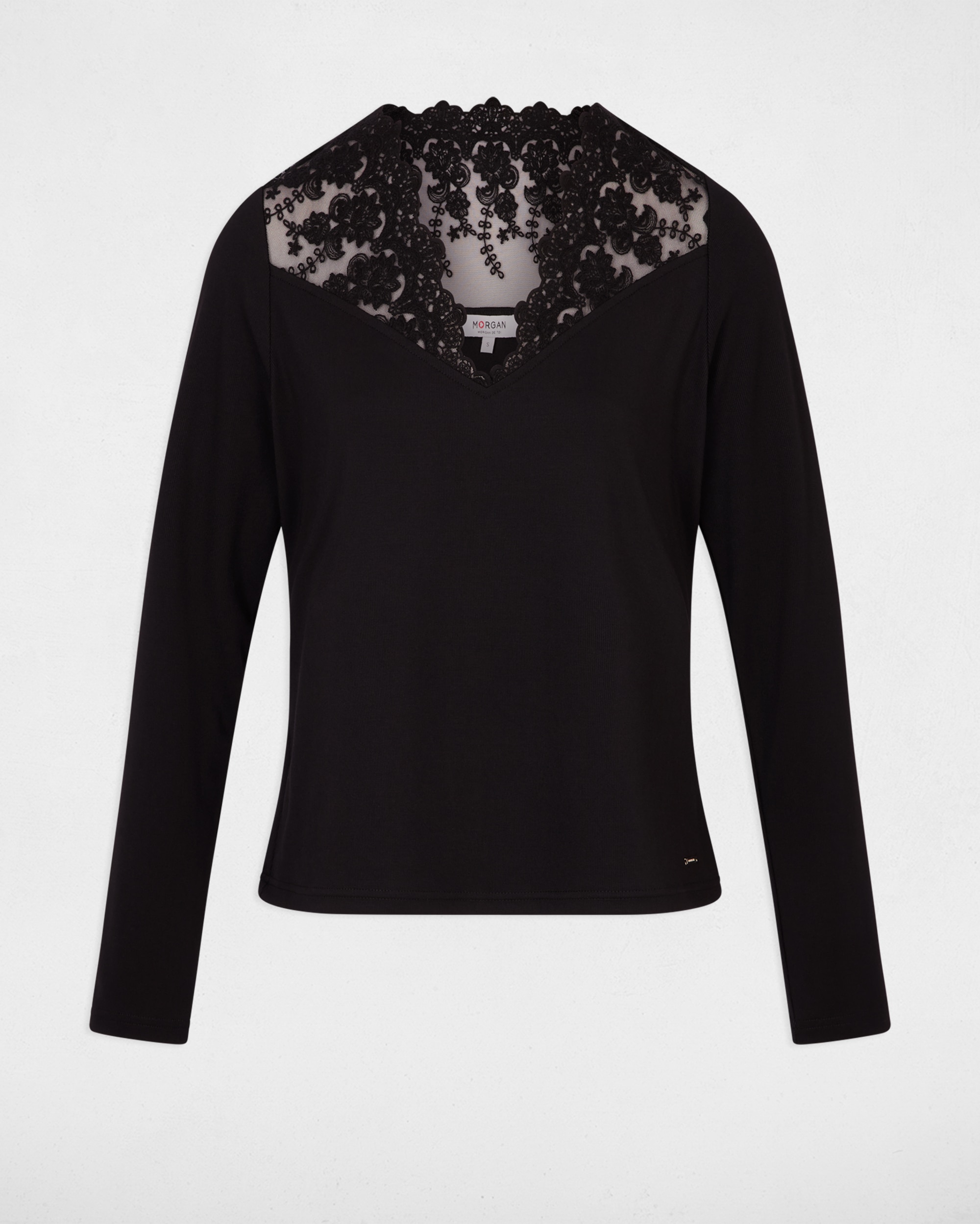 T-shirt com Detalhes de Renda Preto-2