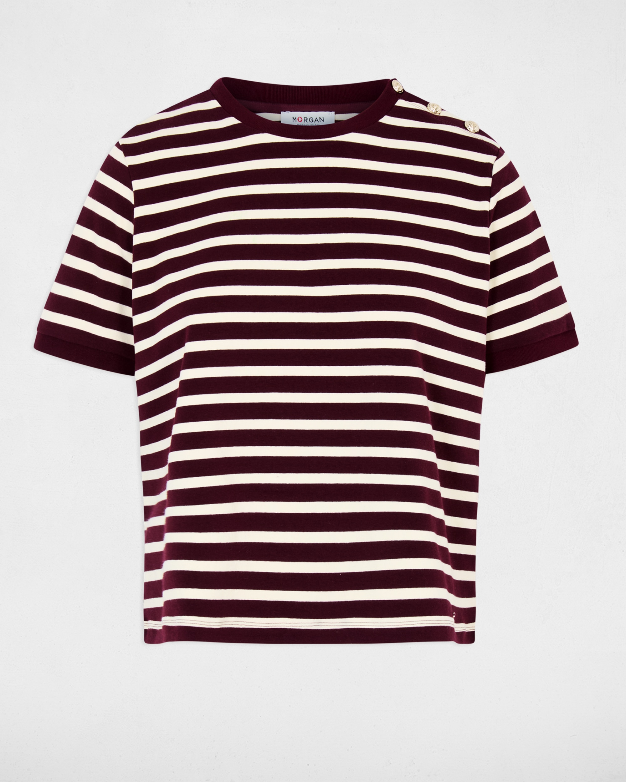 T-shirt Às Riscas com Gola Redonda Ameixa-2