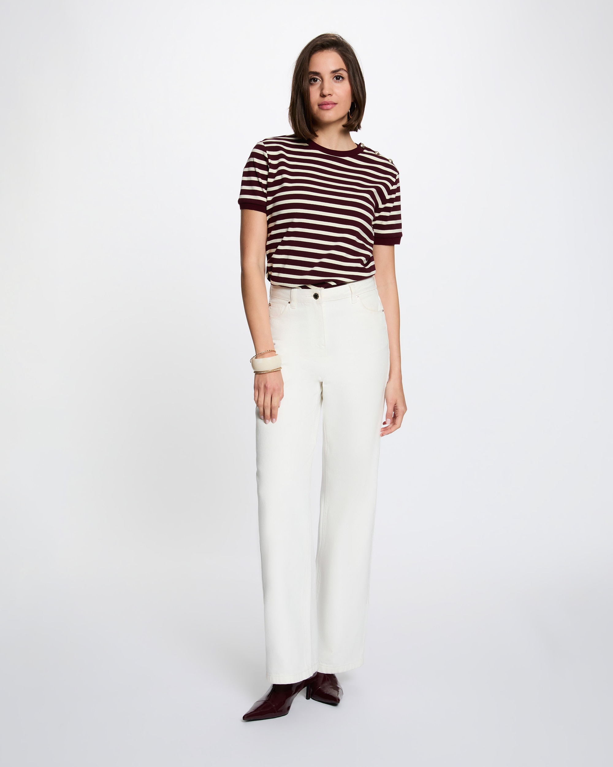 T-shirt Às Riscas com Gola Redonda Ameixa-4