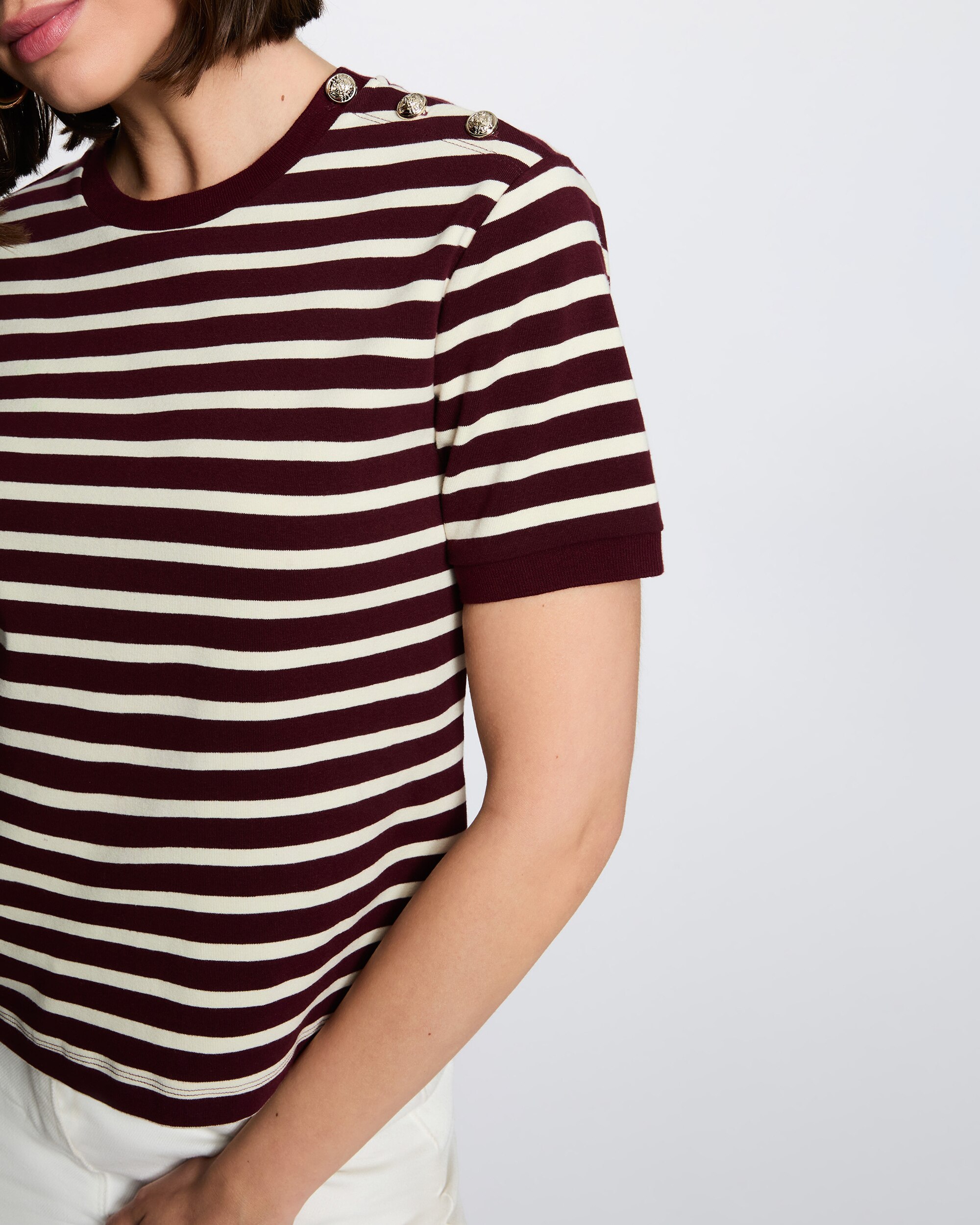 T-shirt Às Riscas com Gola Redonda Ameixa-5