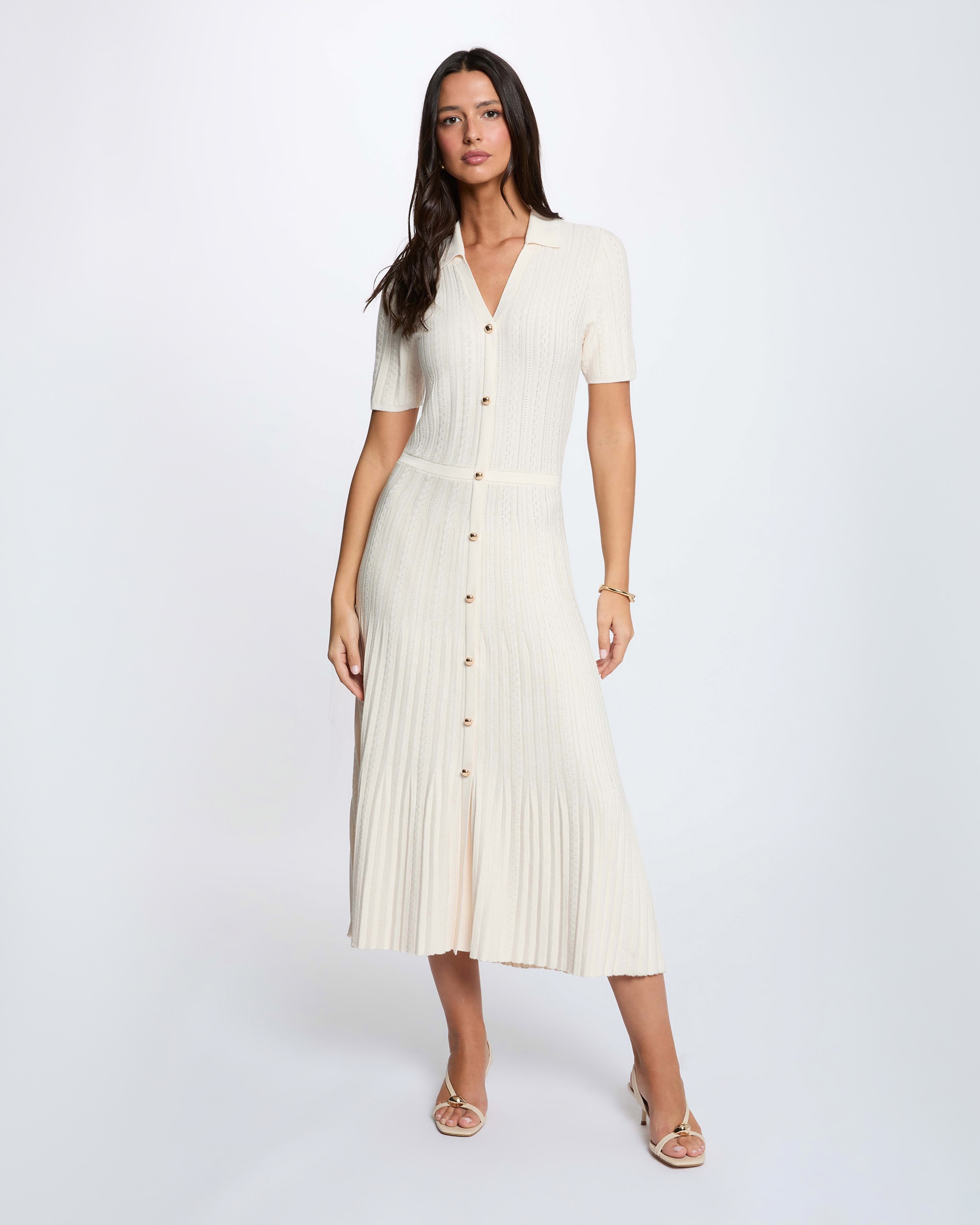 Vestido Curto de Malha Fina com Botões Marfim-4