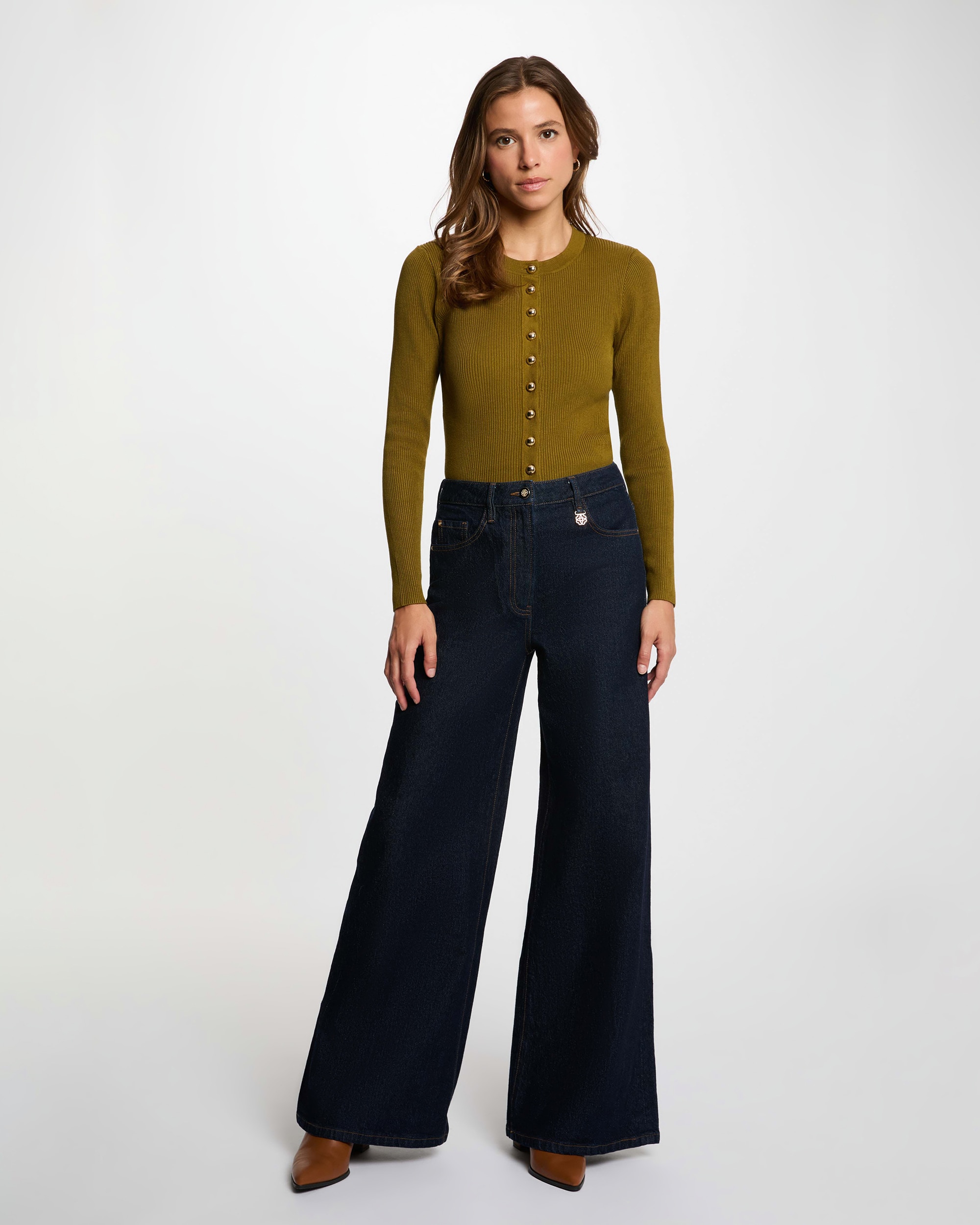 Jeans À Boca de Sino de Cintura Subida Azul denim-4